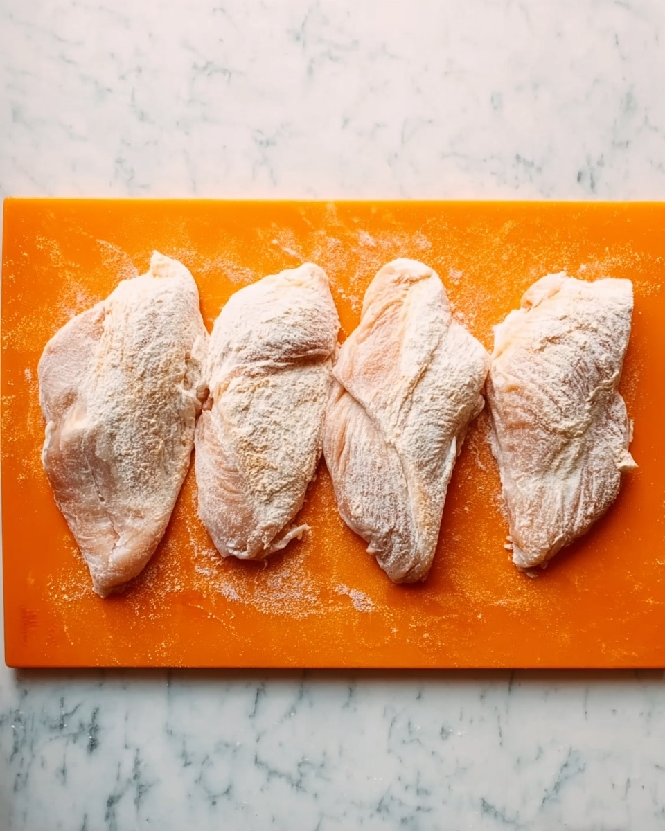 Four raw pieces of meat are laid flat in a row on a bright orange cutting board. Each piece is covered with a light dusting of flour, giving them a pale, powdery look. The pieces vary slightly in shape but are similar in size, with some uneven edges and folds. The cutting board rests on a white marbled surface that has soft gray veins running through it. The overall setting is simple and clean. photo taken with an iphone --ar 4:5 --v 7