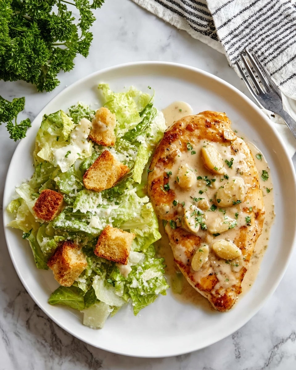 A white plate holds two main parts: on the left, there is a fresh green salad with light green lettuce leaves, mixed with golden brown croutons scattered throughout; on the right is a golden brown cooked chicken piece covered with a creamy light beige sauce topped with small cooked garlic cloves and sprinkled with small green herb bits. The plate is set on a white marbled surface with a small bunch of green parsley in the corner and a striped cloth with a fork nearby. photo taken with an iphone --ar 4:5 --v 7