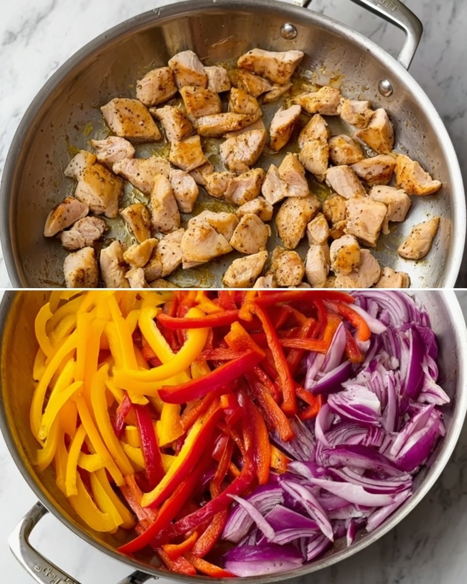 The image is split into two sections. The top section shows small pieces of cooked chicken with a light golden brown color, scattered evenly in a shiny silver pan. The bottom section shows colorful vegetable strips inside the same shiny silver pan, arranged in layers with sliced yellow bell peppers on the left, long thin red bell pepper strips scattered over the top, and purple onion slices on the right and some bottom right corners. Both sections have a clear focus on the textures and colors of the ingredients with a white marbled surface background. photo taken with an iphone --ar 4:5 --v 7