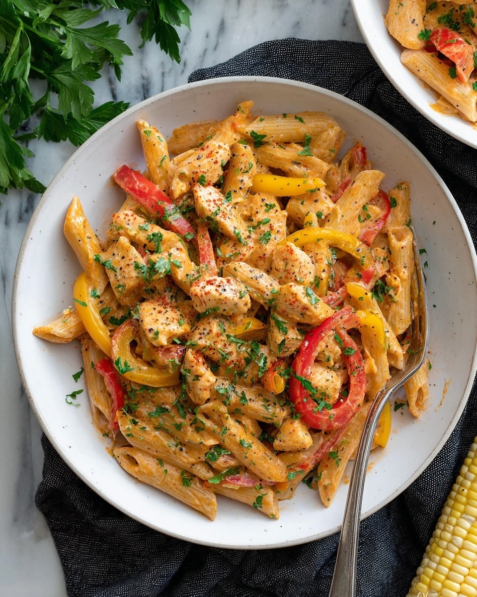 A white bowl filled with creamy penne pasta mixed with small pieces of chicken and strips of red and yellow bell peppers, all coated in a light orange sauce sprinkled with chopped green parsley and black pepper. A silver fork is placed on the left side inside the bowl, resting on the pasta. The bowl sits on a dark cloth on top of a white marbled surface, with green parsley leaves near the top left and a corner of a corn cob visible at the bottom right. Another white bowl with a similar pasta dish is partly visible at the top right. Photo taken with an iphone --ar 4:5 --v 7