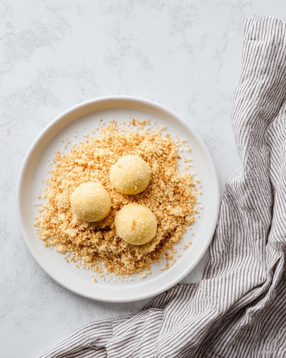 A white plate with light brown crispy crumbs spread evenly across it, covering almost the entire surface. On top of the crumbs, there are three pale yellow round dough balls placed randomly with a smooth texture and slight shine. The plate sits on a white marbled surface with a grey and white striped cloth folded and placed to the right side of the plate. photo taken with an iphone --ar 4:5 --v 7