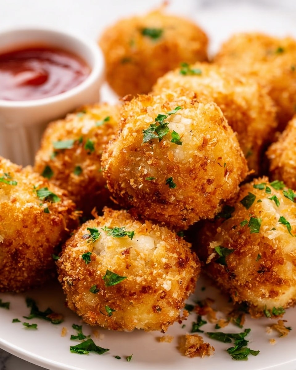 A close-up image shows a white plate filled with crispy, golden-brown round balls coated with crunchy crumbs, sprinkled lightly with small green parsley pieces. In the background, there is a small white bowl filled with red dipping sauce. The plate sits on a white marbled surface. The texture of the balls is rough and crunchy with uneven crumb coverage, making them look crispy and fresh. photo taken with an iphone --ar 4:5 --v 7