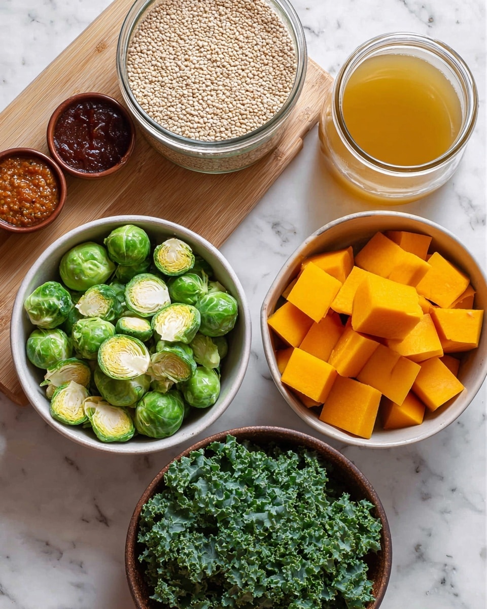 The image shows a top-down view of several bowls and containers with fresh ingredients arranged neatly on a white marbled surface. Starting from the bottom left, there is a white bowl filled with halved green Brussels sprouts, showing a mix of leafy green outer layers and pale inner layers. To its right, a white bowl contains bright orange chunks of peeled squash, cut into medium-sized cubes with smooth surfaces. Above the Brussels sprouts, there is a glass jar filled with a light brown liquid broth. Near the center, a medium-sized tan bowl holds a pile of light beige quinoa seeds that look round and dry. To the right of that, a brown bowl is filled with vibrant green kale leaves with a curly texture. At the top left, on a white marbled and wooden cutting board, there are two small brown bowls, one with a thick reddish paste and the other with a golden yellow liquid sauce. photo taken with an iphone --ar 4:5 --v 7