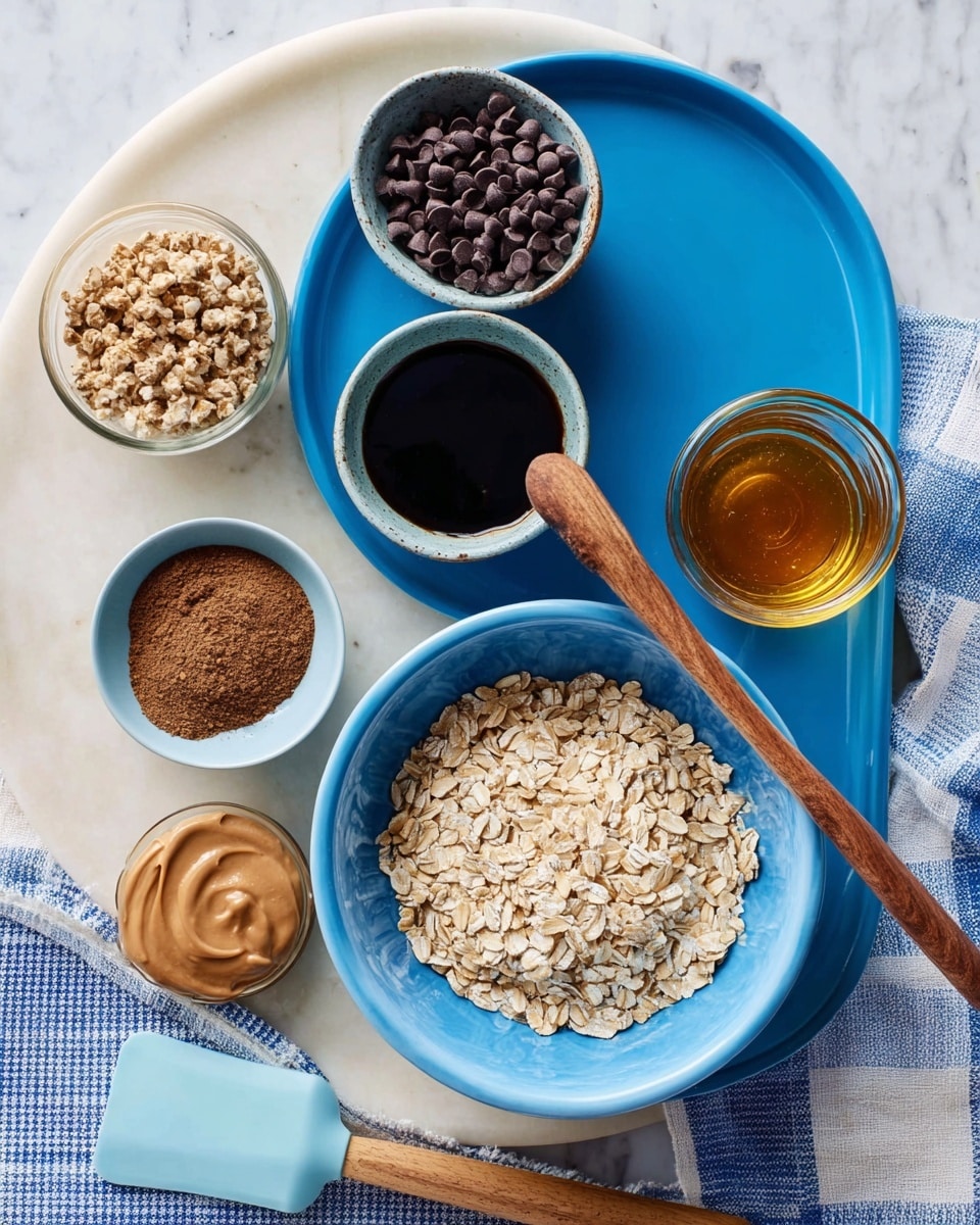 The image shows several small bowls with different ingredients placed on a white marbled surface. In the center is a large white plate holding a bright blue serving tray with three small bowls set on it: one filled with many small dark brown chocolate chips, another with black liquid, and the third bowl containing light brown crumbled pieces. In front of the plate is a larger blue bowl filled with pale beige oat flakes, with a wooden spoon resting inside. To the left, there is a small blue bowl with finely ground brown powder and a small clear glass container with golden honey. To the right, there is a clear glass bowl full of smooth, light brown peanut butter. A light blue rubber spatula with a wooden handle lies on the edge of the white plate, and a blue and white checkered cloth is partly visible. Photo taken with an iphone --ar 4:5 --v 7