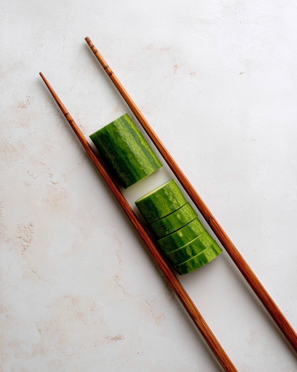 A fresh green cucumber is placed horizontally on two parallel wooden chopsticks on a white marbled surface. The cucumber is partially sliced into thin, even pieces with a sharp silver knife cutting through it from the right side, showing smooth and moist textures. The knife has small bits of cucumber on its blade. The scene is minimal and clean, focusing on the green cucumber, the natural wood color of the chopsticks, and the shiny metal of the knife, all set against the soft white marbled background. photo taken with an iphone --ar 4:5 --v 7