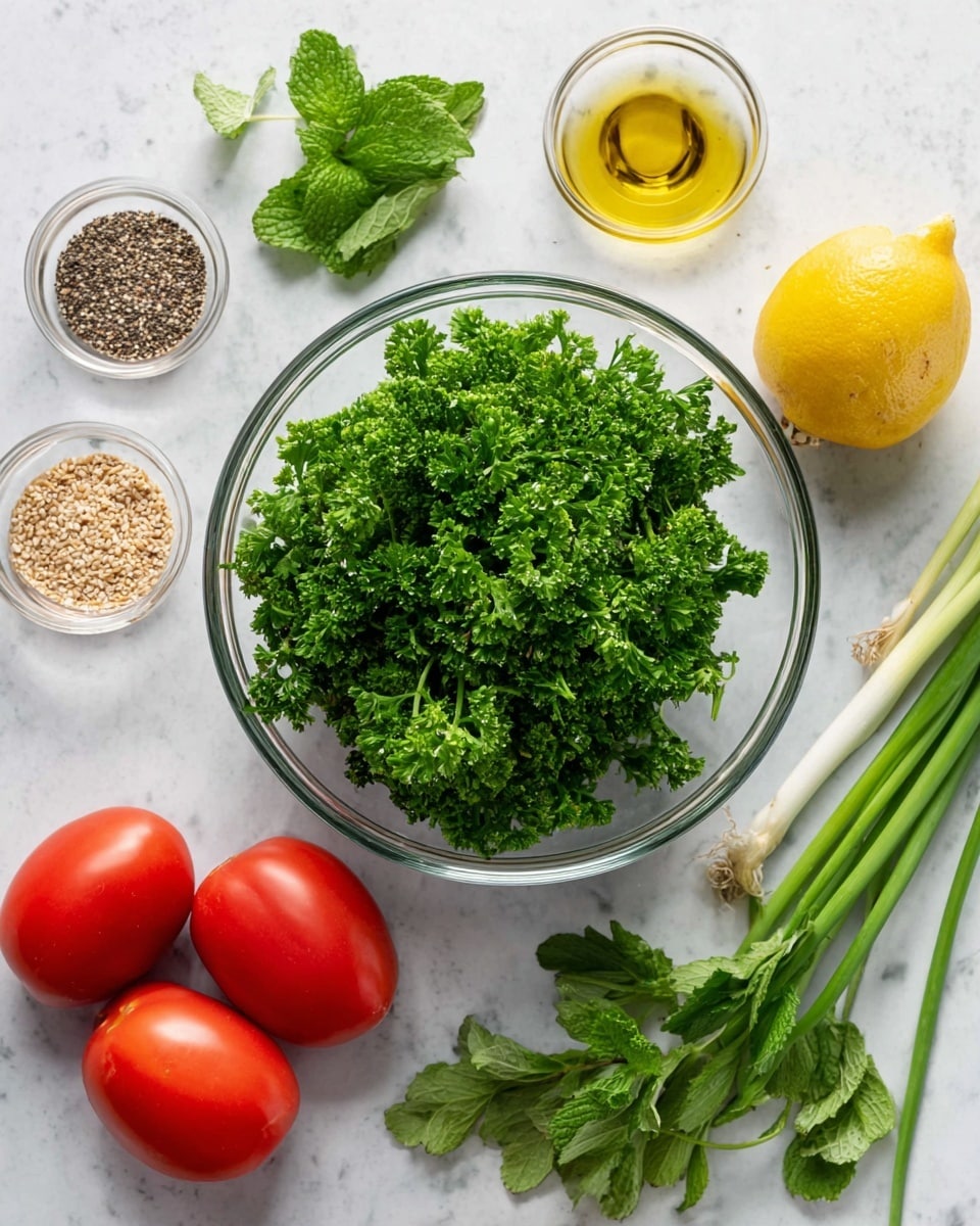 A clear glass bowl filled with a large bunch of fresh, bright green curly parsley sits at the center on a white marbled surface. Surrounding the bowl, clockwise from top left, are a small clear bowl with light brown seeds, a small clear bowl with coarse black and white pepper, two red Roma tomatoes, three green spring onions with white bulbs, a small glass container with golden olive oil, a few sprigs of fresh green mint leaves, and a bright yellow lemon. The whole scene is bright and fresh with a natural, clean look. Photo taken with an iphone --ar 4:5 --v 7