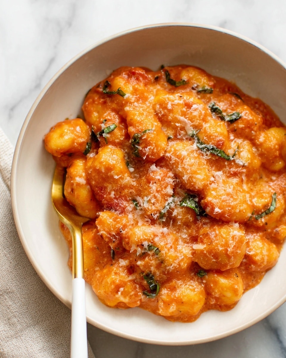 A close-up of a bowl filled with soft gnocchi covered in a thick, creamy tomato sauce that has a rich orange-red color, with small green basil leaves scattered throughout. The gnocchi pieces are plump and smooth, bathed evenly in the sauce, which has a slightly chunky texture with visible bits of tomato. A fine layer of grated cheese is lightly sprinkled on top, adding a delicate white contrast. The bowl is white, and a gold fork with a white handle is resting on the side inside the bowl. The whole scene is set on a white marbled surface. photo taken with an iphone --ar 4:5 --v 7