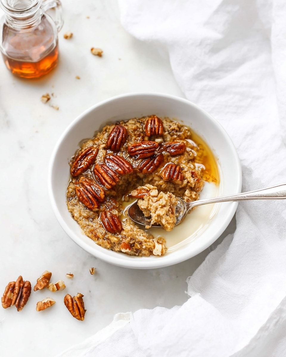 In a white bowl, a single thick layer of baked oatmeal topped with shiny pecan halves sits in a small amount of milk that partially soaks the oats around the edges. The oatmeal layer is light brown with a crumbly, textured surface, and the pecans on top are a rich amber color with glossy highlights. A silver spoon lies in the bowl, holding a pecan piece with some crumbly oat mixture. The bowl is placed on a white marbled surface, next to a small glass bottle of syrup and a few scattered pecan pieces. A white cloth napkin is softly folded near the bowl. Photo taken with an iphone --ar 4:5 --v 7