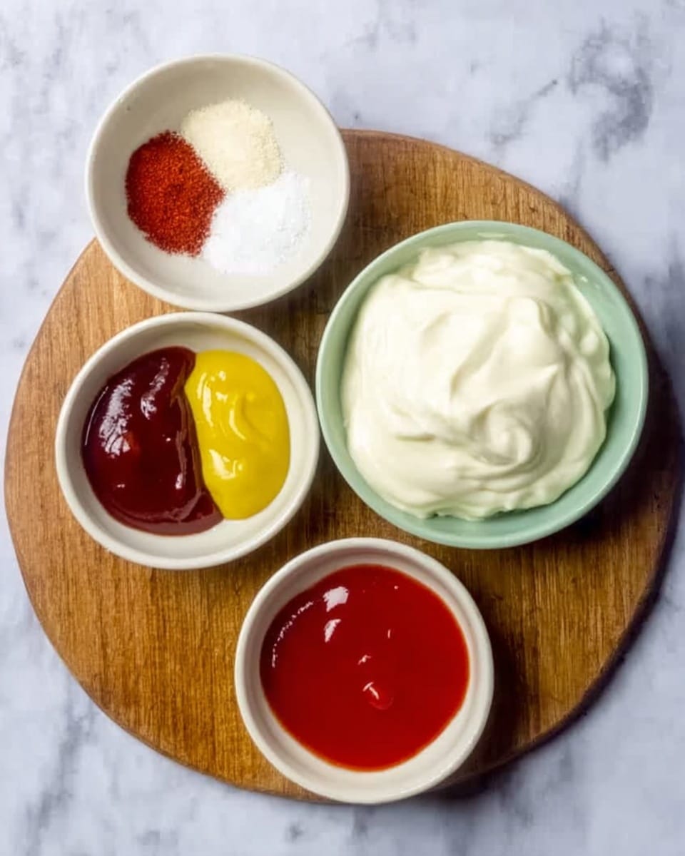 The image shows four small bowls on a white marbled surface. In the top right, there is a white bowl filled with thick, creamy white yogurt or sour cream with a smooth texture. Below it, to the right, is a small white bowl containing a bright red liquid sauce, possibly hot sauce. To the left of that bowl, there is another white bowl filled with two thick sauces side by side one dark red ketchup and the other bright yellow mustard. At the top left, there is a small white bowl with three dry powders next to each other: white salt, white garlic powder, and a small amount of red paprika or chili powder. The bowls are arranged neatly on a wooden board placed on the marbled surface. photo taken with an iphone --ar 4:5 --v 7
