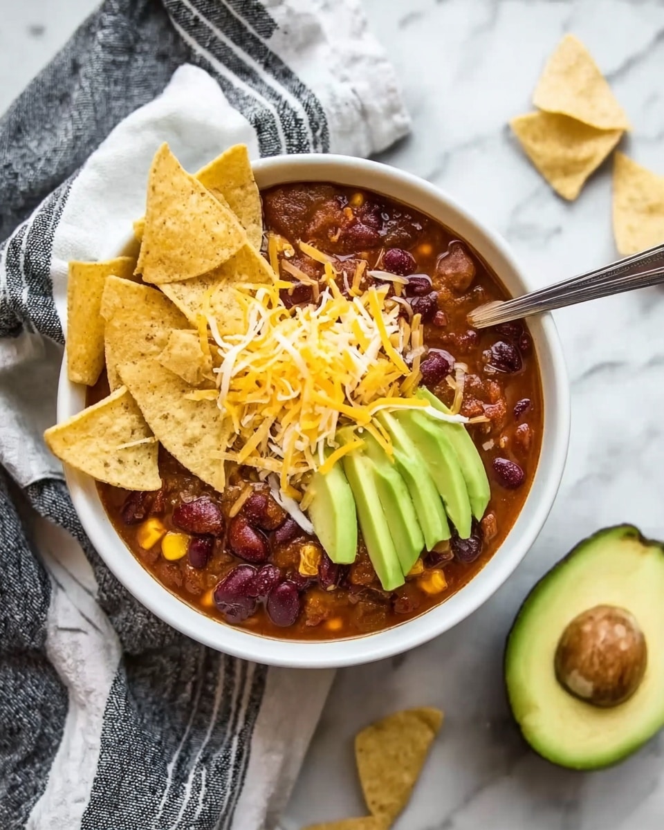 A white bowl filled with three main layers: bottom layer is thick, dark red chili with visible kidney beans and small corn pieces; middle layer consists of crushed tortilla chips scattered on top; upper layer has bright yellow shredded cheese and three smooth, light green avocado slices placed neatly on one side. A silver spoon is inside the bowl, and two whole chip pieces lean on the bowl edge. The bowl sits on a white marbled surface with a black and white striped cloth next to it, and a half avocado with the seed still inside lies nearby. photo taken with an iphone --ar 4:5 --v 7