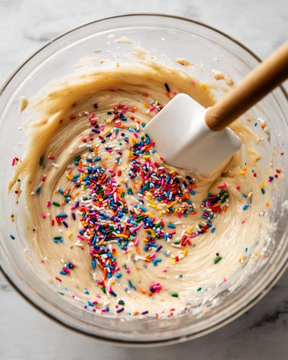 A clear glass bowl holds thick, smooth beige batter being mixed with a white spatula that has a wooden handle. There are many colorful sprinkles sprinkled on top and slightly mixed into the batter, scattered in small clusters of red, blue, yellow, white, green, orange, and purple. The background is a white marbled texture. photo taken with an iphone --ar 4:5 --v 7
