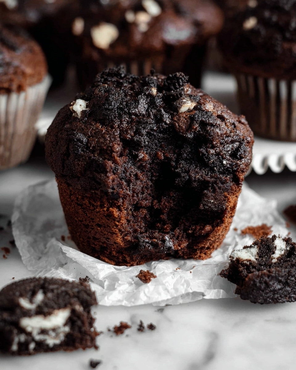 A close-up of a dark chocolate muffin with visible chunks of white cream cookies inside, showing a rough, crumbly texture on top. The muffin is placed on crumpled, translucent parchment paper, which sits on a stack of white scalloped-edged plates. Around the muffin are pieces and crumbs of dark chocolate cookies with white cream, some whole and some broken. The background is a white marbled surface. photo taken with an iphone --ar 4:5 --v 7