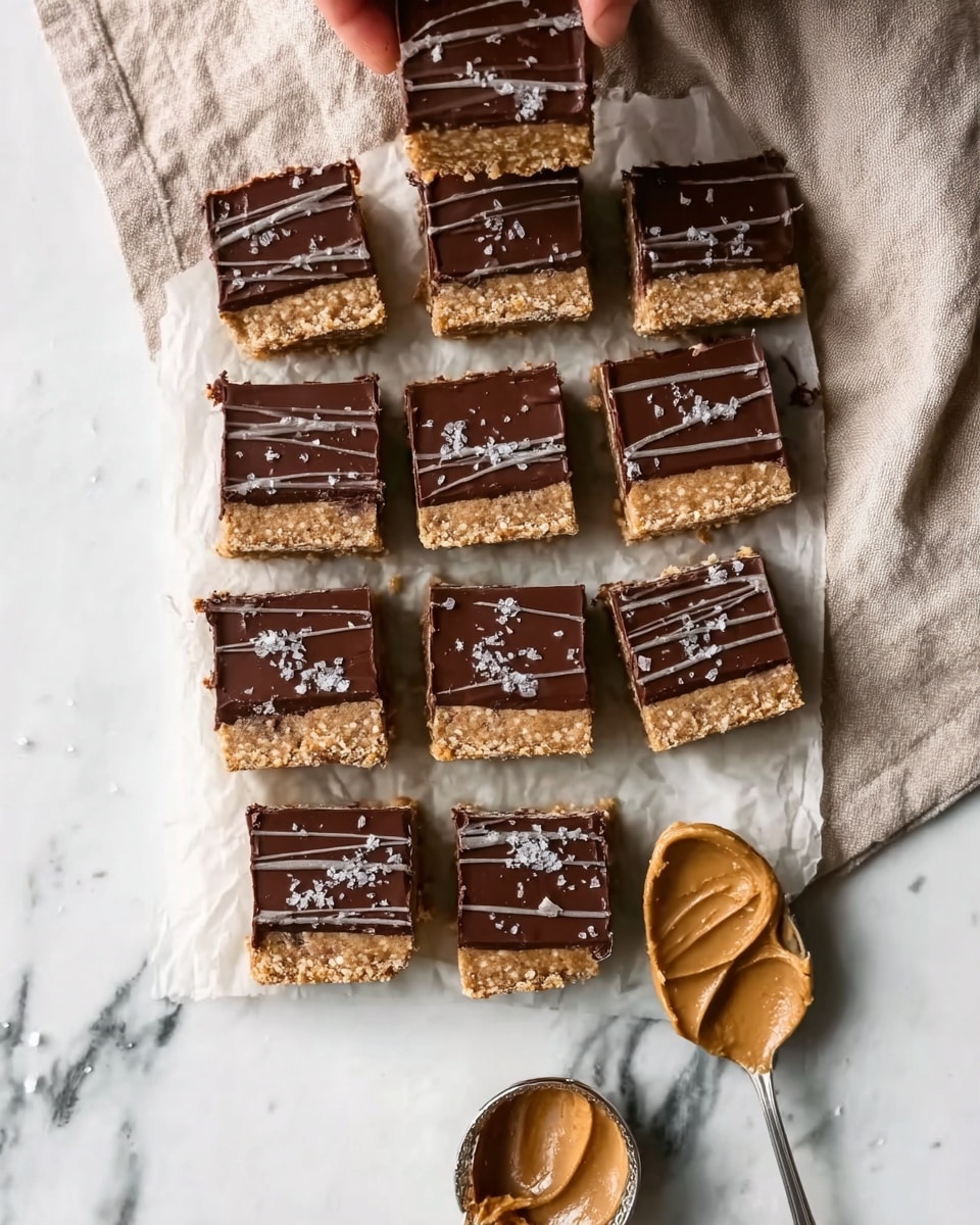 The image shows nine square bars arranged on a white marbled surface with a beige cloth partially underneath. Each bar has two layers: a thicker light brown base layer with a crumbly texture, topped by a smooth dark brown chocolate layer with thin lighter drizzle lines and small sprinkles of salt on top. To the right side of the bars, there is a silver spoon holding a dollop of light brown peanut butter. A woman's hand is about to pick one bar from the top left corner. Photo taken with an iphone --ar 4:5 --v 7