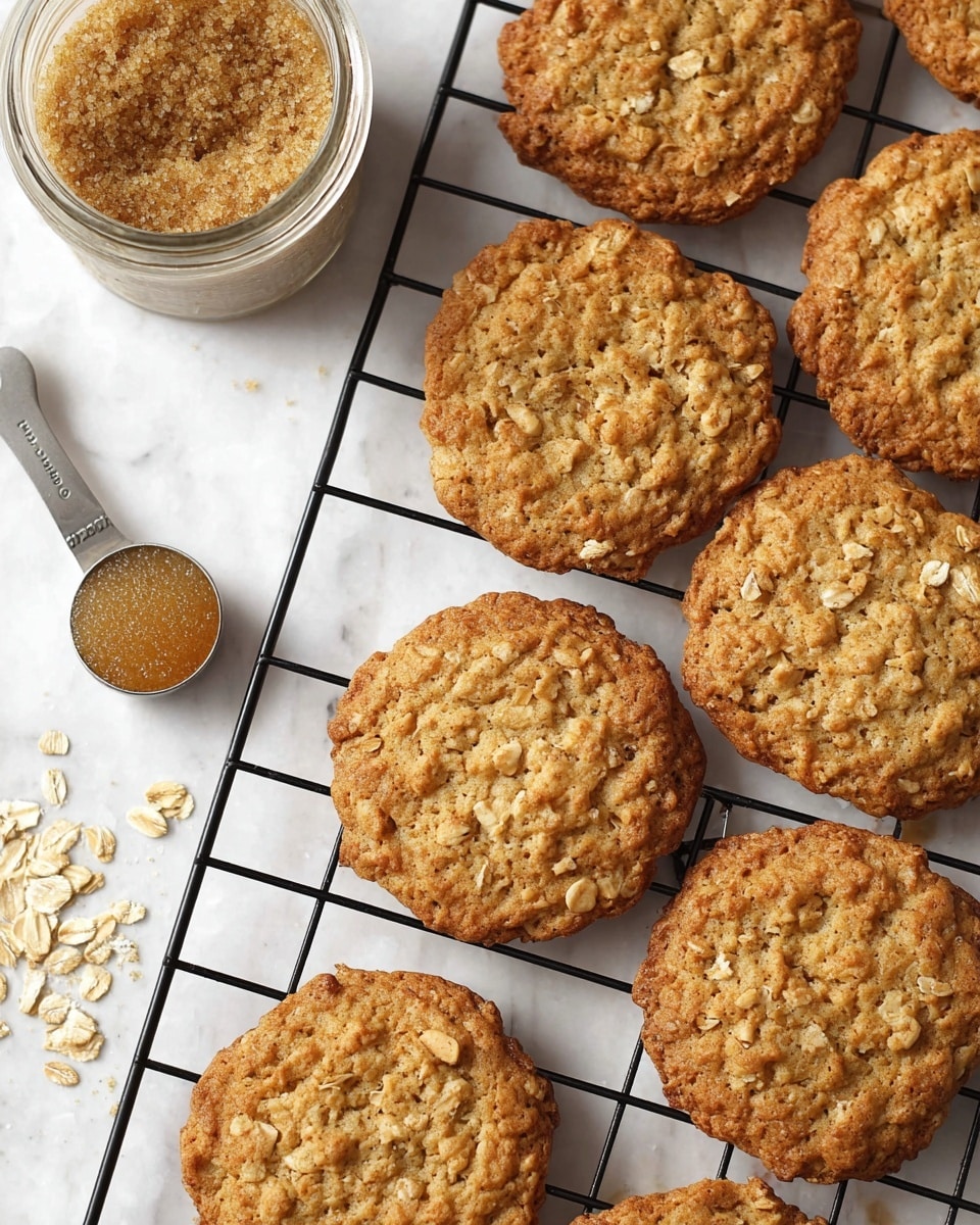 A close-up view of round oatmeal cookies with a rough, grainy texture and a golden brown color, arranged on a black cooling rack over a white marbled surface. The cookies show bits of oats and slightly darker spots from baking, giving a crisp and chewy look. Near the top left corner, there is a clear glass jar filled with brown sugar and a small metal measuring spoon holding brown sugar beside it. A few loose oat flakes are scattered on the white marbled surface near the bottom left side of the cookies. Photo taken with an iphone --ar 4:5 --v 7
