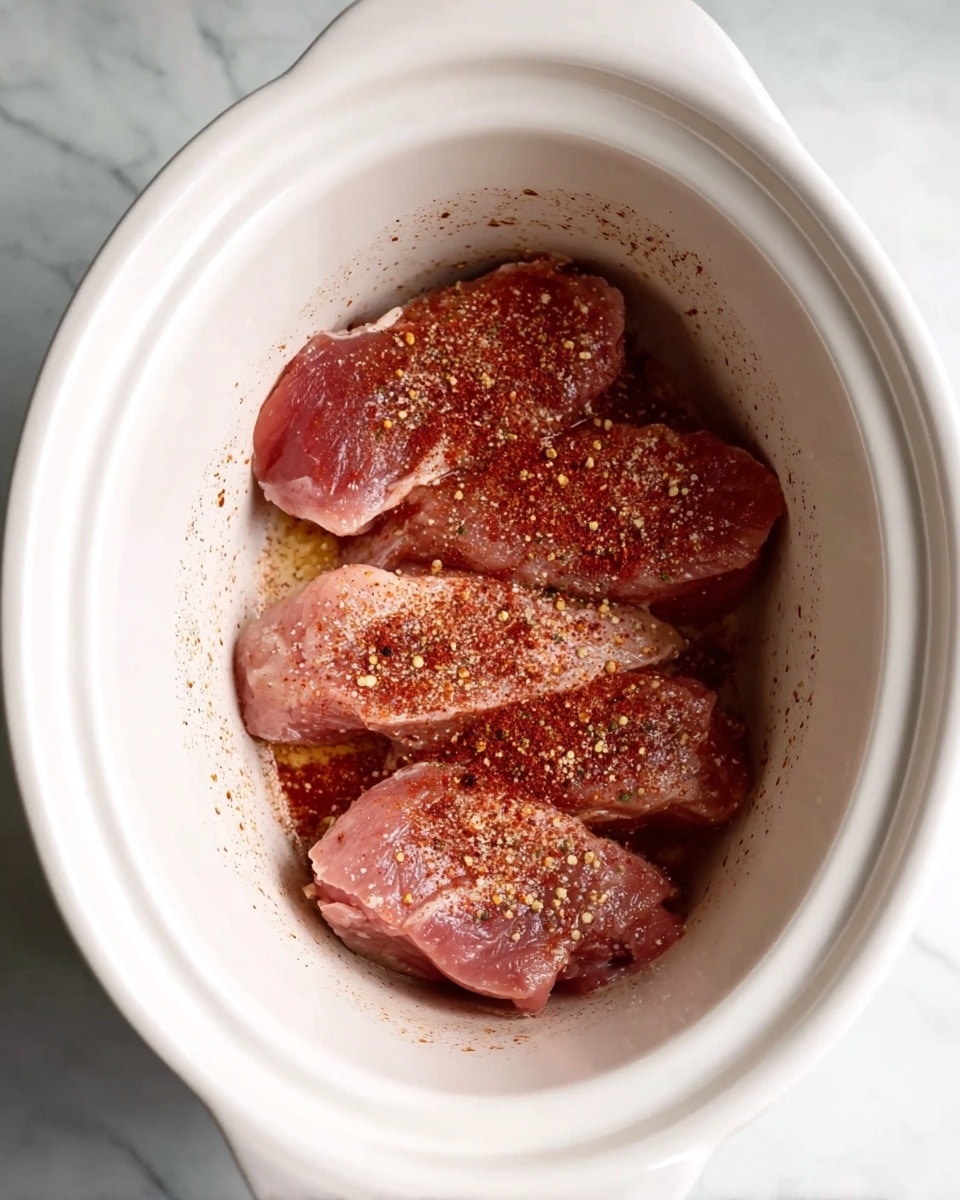 Inside a white slow cooker filled with four pieces of raw meat, each piece sprinkled with red and brown spices, showing a mix of fine powders and small bits scattered evenly over the pale pink surface of the meat, and some seasoning dust also stuck along the inner sides of the cooker, set on a white marbled surface photo taken with an iphone --ar 4:5 --v 7