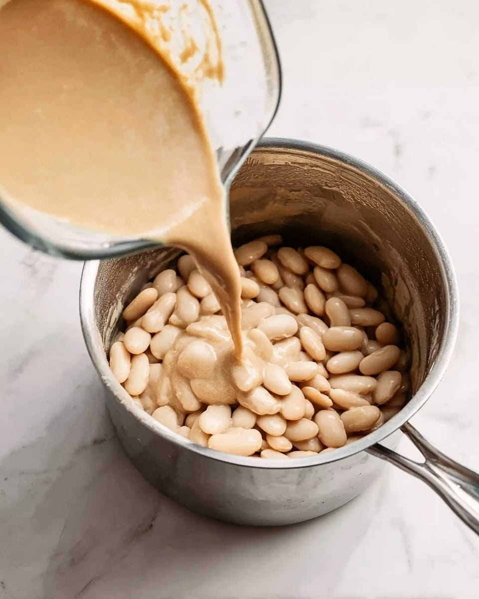 A silver pot filled halfway with whole white beans and a creamy beige sauce being poured over them from a clear measuring cup; all is placed on a white marbled surface with simple lighting highlighting the smooth textures of both the sauce and the beans, showing a mix of soft, smooth, and firm elements photo taken with an iphone --ar 4:5 --v 7