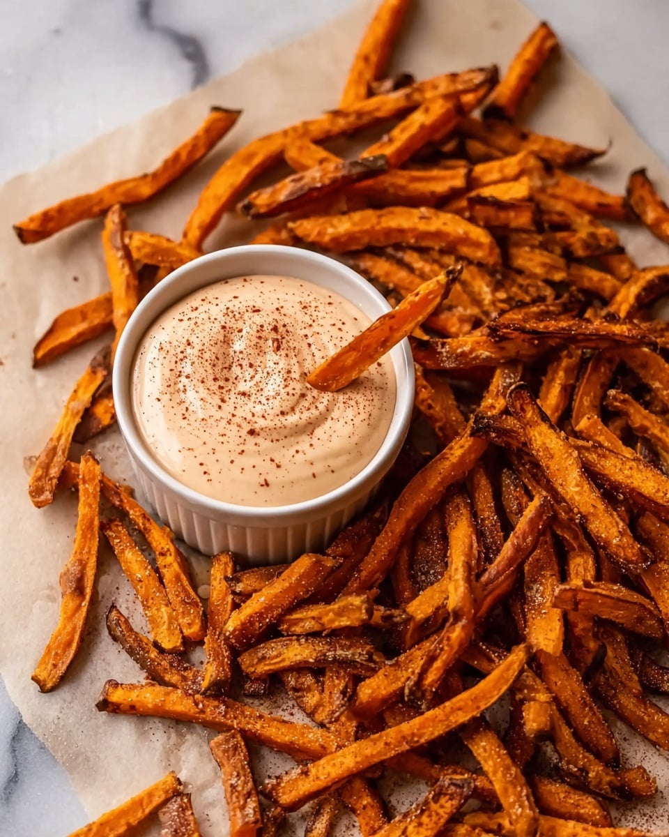 This image shows a lot of crispy sweet potato fries scattered around a small white bowl filled with creamy dipping sauce. The fries are dark orange with some edges slightly charred, giving them a crunchy texture. The bowl of sauce in the center has a smooth beige color topped with a dusting of reddish seasoning. The fries are placed on a sheet of parchment paper resting on a white marbled surface. A woman's hand is reaching from the edge to pick up one fry. photo taken with an iphone --ar 4:5 --v 7