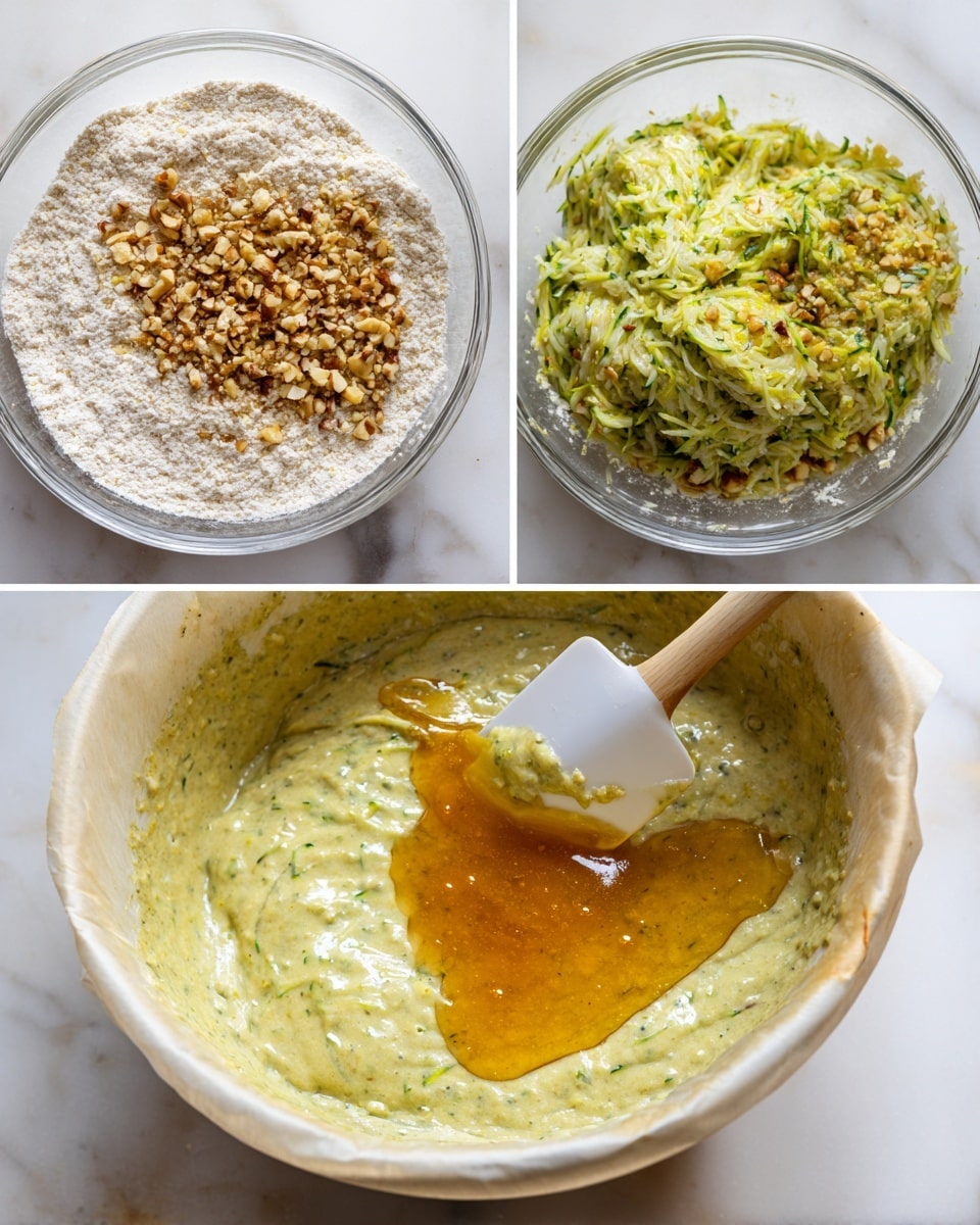A clear glass bowl sits on a white marbled surface, filled with white flour into which a golden, shiny liquid is being poured, creating a glossy amber pool in the center; next, the bowl contains a thick, pale green batter with two large mounds of shredded dark green zucchini and a small pile of crushed brown nuts on one side, being mixed with a white spatula; the batter turns into a creamy pale green with specks of nuts and shredded zucchini evenly spread throughout, visible as the spatula stirs it smoothly; finally, the batter is spread evenly in a white baking pan lined with parchment paper, topped with scattered pieces of crushed nuts, all set on a white marbled surface photo taken with an iphone --ar 4:5 --v 7