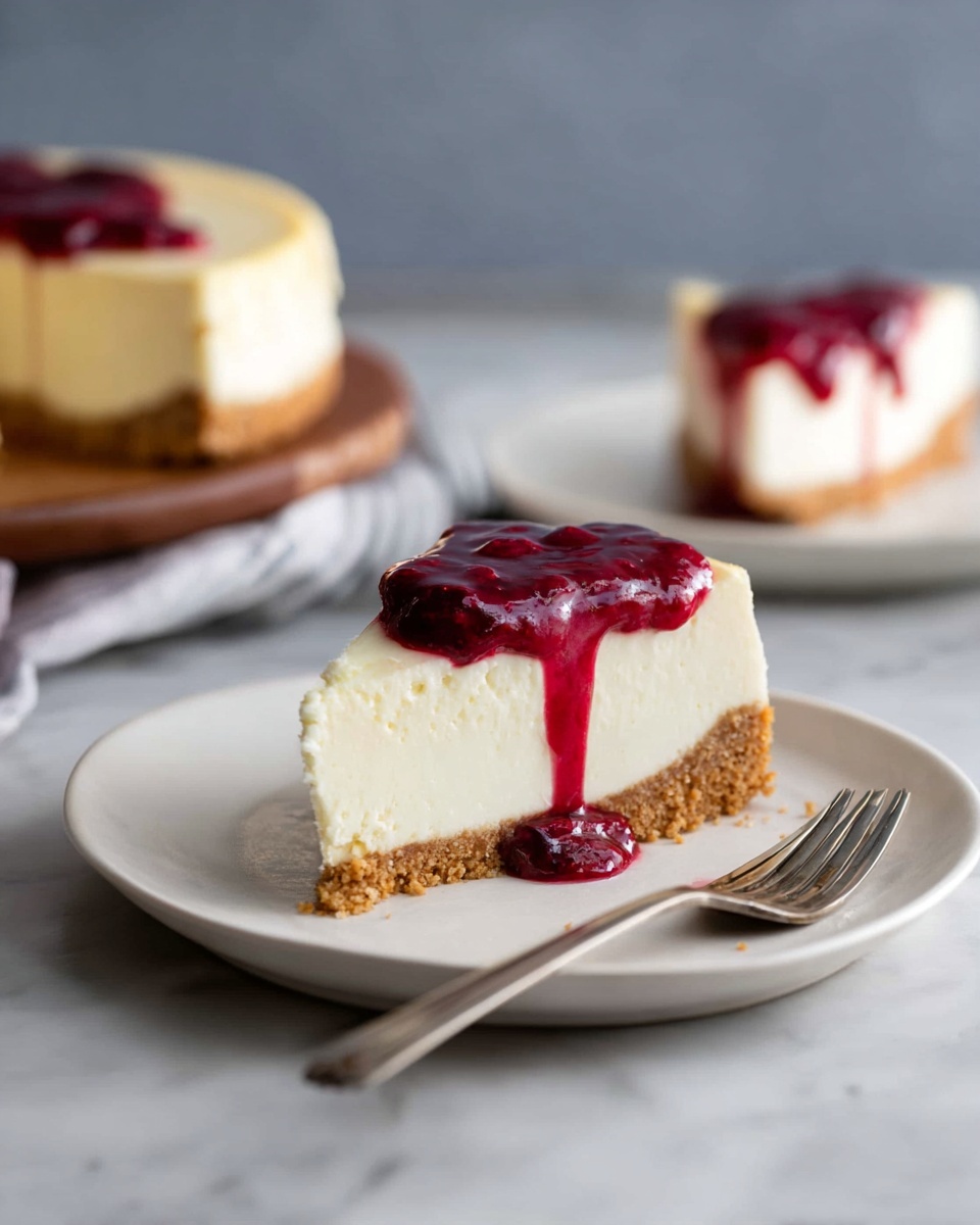 A slice of cheesecake sits on a white plate, showing three distinct layers: a light brown crumbly base, a thick creamy white middle layer, and a smooth white top layer. On top of the cheesecake is a glossy deep red berry sauce that slightly drips down the side. In the background, another slice on a white plate and the whole cheesecake are blurred against a white marbled surface. A fork rests beside the cheesecake slice in the front. Photo taken with an iphone --ar 4:5 --v 7