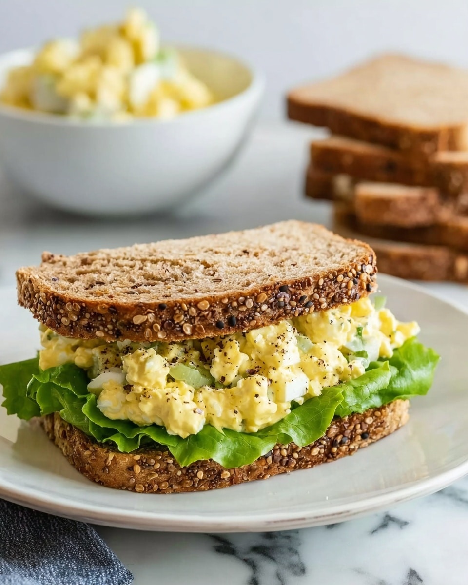 A sandwich on a white plate with two slices of multi-grain bread speckled with sesame and flax seeds. Inside the sandwich, there is a fresh green leaf of lettuce at the bottom and a generous layer of creamy egg salad with visible small pieces of egg and black pepper sprinkled on top. The background shows a white bowl with more egg salad and a stack of multi-grain bread slices on a white marbled surface. A woman's hand is holding the sandwich slightly from the side. Photo taken with an iphone --ar 4:5 --v 7