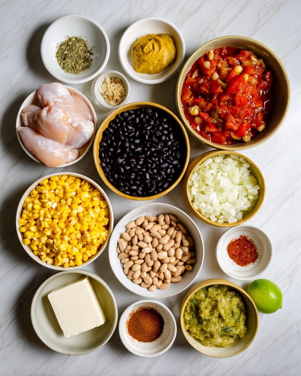 The image shows eleven bowls on a white marbled surface, each holding different ingredients. Starting from the top left, a white bowl contains a raw light pink chicken piece. Near it are two small white dishes, one with light green and brown powdered spices, and the other with a thick yellow mustard-like paste. To the right is a bowl filled with chunky red tomatoes in sauce. Below, a large light brown bowl has bright yellow corn kernels, next to which is a small white bowl with a white block of cream cheese. Another large light brown bowl holds finely chopped white onions. Near the center, a large light brown bowl contains shiny black beans, with a small white bowl of reddish-brown chili powder and another small white bowl with minced garlic nearby. Another large light brown bowl below holds light brown beans, and finally, a small white bowl at the bottom contains chunky green salsa. Near the top right corner, half a lime is visible. Photo taken with an iphone --ar 4:5 --v 7
