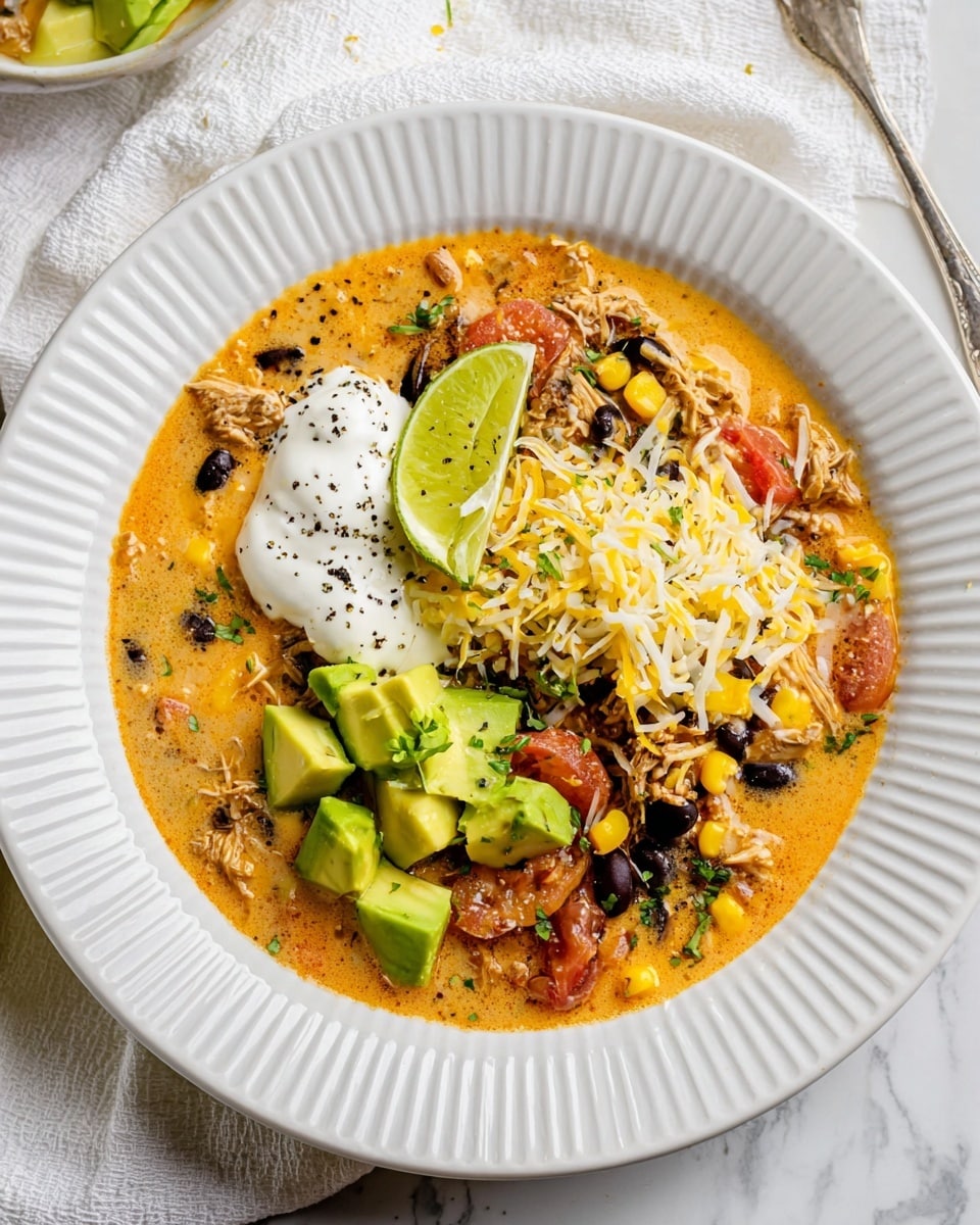 The dish is served in a white plate with ridged edges, placed on a white marbled surface with a white napkin underneath. It has a creamy orange soup base with visible shredded meat, black beans, corn, and small tomatoes mixed throughout. On one side, there are small, bright green chunks of avocado. Next to the avocado, there is a lime wedge with black pepper sprinkled on top. A dollop of white sour cream with black pepper rests near the lime. Shredded white and yellow cheese is placed on the side, partially melting into the soup. The whole dish is sprinkled with black pepper as a final touch. photo taken with an iphone --ar 4:5 --v 7
