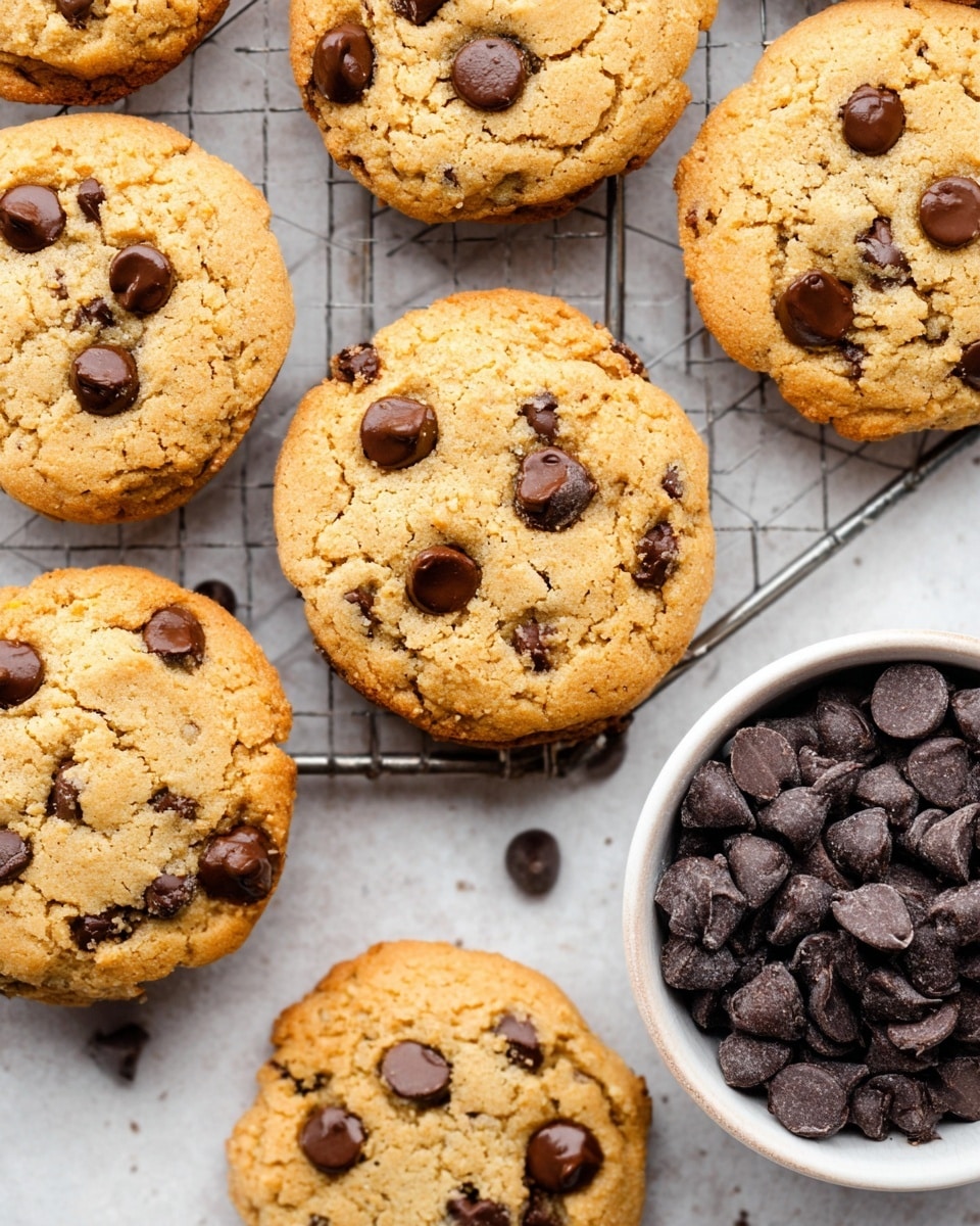 The image shows several round golden brown cookies with visible dark chocolate chips embedded in them, placed on a metal cooling rack. Each cookie has a slightly rough texture with an uneven surface and chocolate chips scattered throughout and on top. To the right side of the frame is a white bowl filled with dark chocolate chips sitting on a white marbled surface. The cookies and bowl are arranged closely together, creating a warm and inviting feeling. Photo taken with an iphone --ar 4:5 --v 7