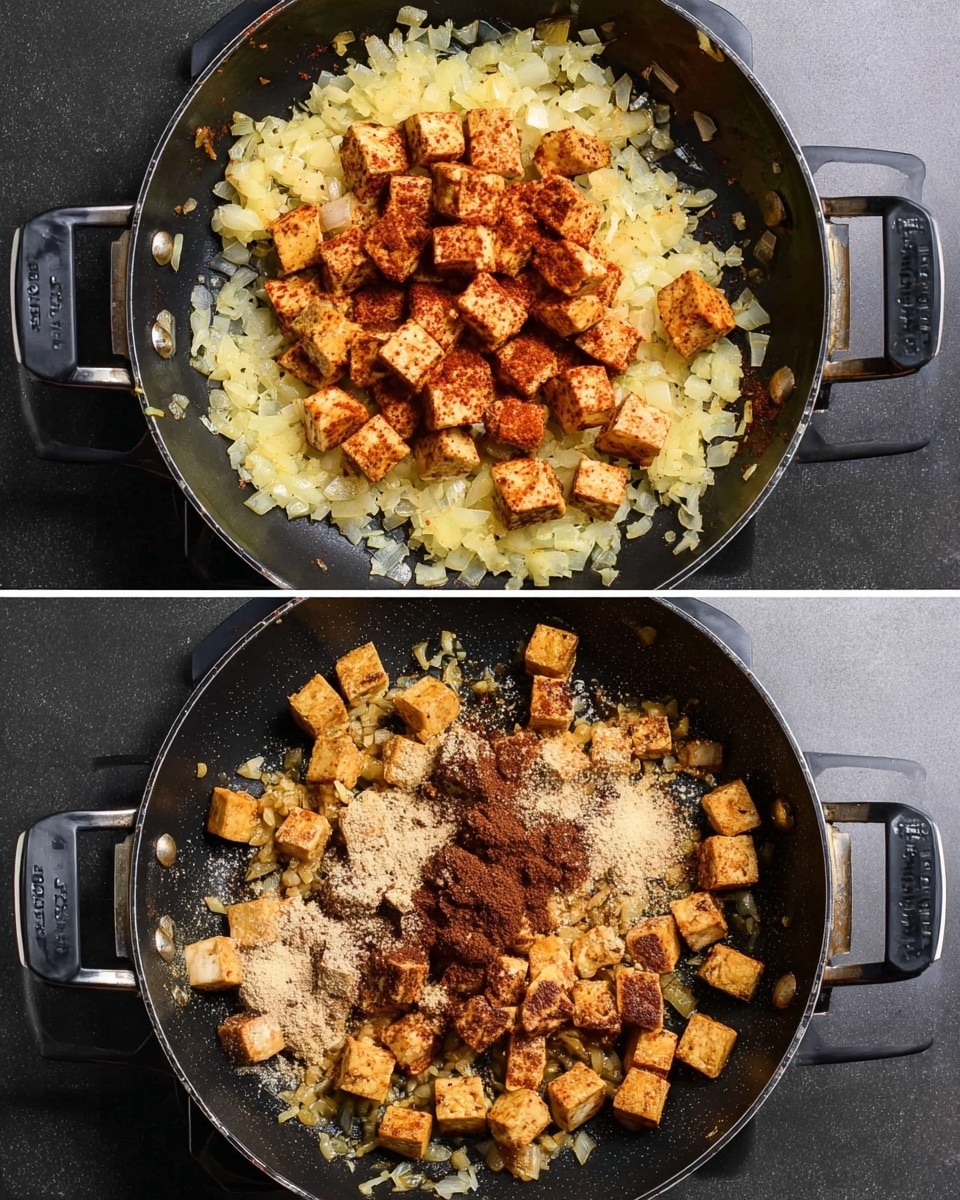 The image shows two steps of cooking tofu cubes in a deep black pan with handles on both sides. In the top half, small tofu cubes coated with reddish spices sit in the center on a bed of finely chopped pale yellow onions sautéing in oil, spread unevenly across the bottom, with some onions stuck to the sides. In the bottom half, the tofu cubes have browned lightly and are mixed with several different brown and reddish powdered spices clustered in the middle, while the sautéed onions appear more cooked and sticky around the tofu, all on the same black pan surface. The pan rests on a dark surface. photo taken with an iphone --ar 4:5 --v 7