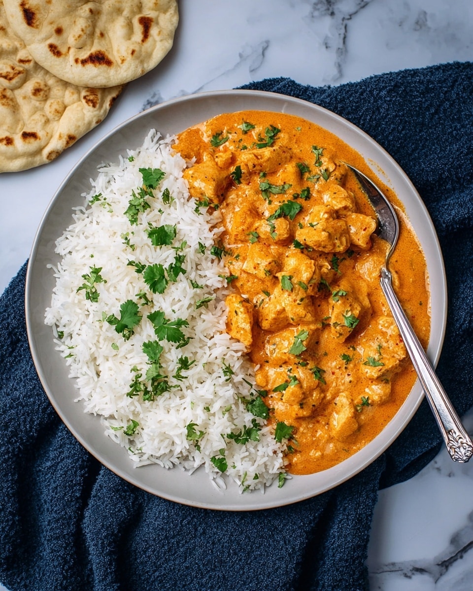 A white plate shows two main layers next to each other: one half has fluffy white rice topped with bright green cilantro leaves, and the other half has creamy orange curry with pieces of chicken sprinkled with small green herbs. Two pieces of flatbread rest behind the plate. A silver spoon lies next to the plate on a white marbled surface, with a dark blue cloth partially under the plate. Photo taken with an iphone --ar 4:5 --v 7