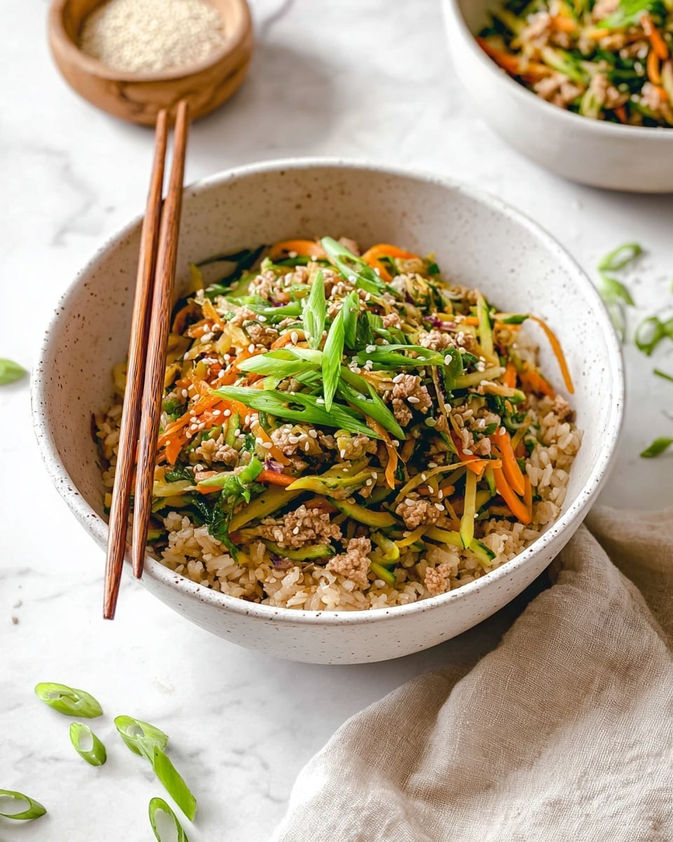 A white speckled bowl filled with three main layers: the bottom layer is a bed of cooked light brown rice, the middle layer is a colorful mix of thinly sliced green and orange vegetables with small pieces of light brown cooked minced meat mixed in, and the top layer is green sliced spring onions sprinkled with white sesame seeds. Two wooden chopsticks are placed into the bowl on the left side. The bowl sits on a white marbled surface with some scattered green onion slices around and a beige cloth napkin on the right side. In the background, there is a small wooden bowl with white sesame seeds and another white bowl with more of the same dish, slightly out of focus. photo taken with an iphone --ar 4:5 --v 7