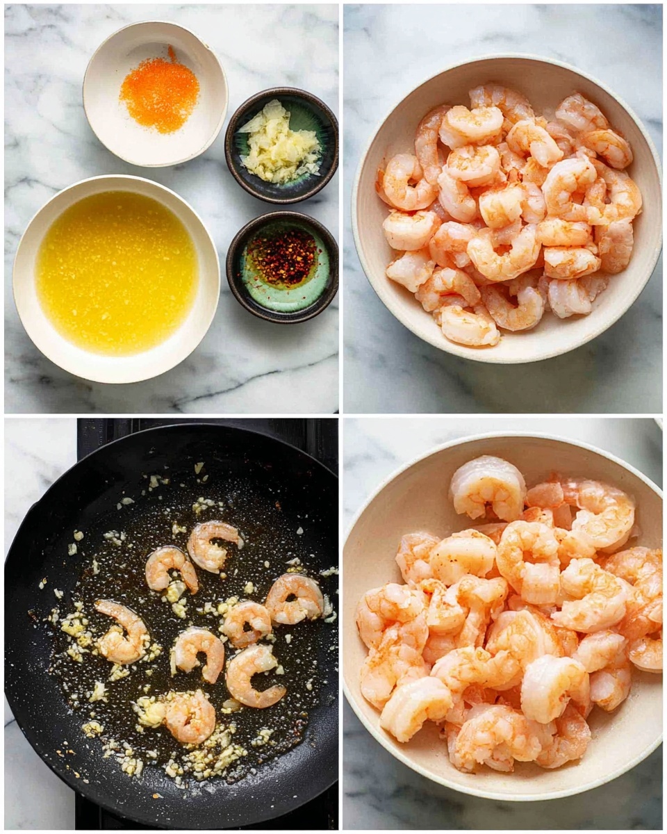The image shows four panels of cooking shrimp steps on a white marbled surface. The top left panel has two white bowls one filled with raw pink shrimp and the other with a yellow beaten egg mixture. The top right panel shows a white bowl full of peeled shrimp with three small green and black dishes holding minced garlic, ginger, and chili flakes, plus a small white bowl with orange oil. The bottom left panel displays a dark frying pan with sizzling chopped garlic in hot oil. The bottom right panel shows shrimp cooking in the same pan, turning pink with some browned edges. Photo taken with an iphone --ar 4:5 --v 7