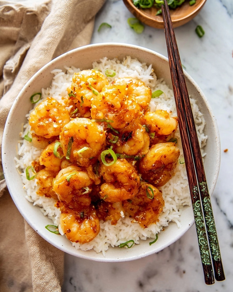 A white bowl filled halfway with fluffy white rice forms the base layer, topped with a generous pile of shiny, golden-orange shrimp coated in a sticky sauce. Small green onion slices are sprinkled over the shrimp, adding spots of fresh green color. To the right edge of the bowl, dark wooden chopsticks with light green decorative detailing rest on the rice. The bowl is set on a white marbled surface, with a beige cloth partially visible in the background. The overall look is bright and inviting, focusing on the vibrant shrimp and fluffy rice. photo taken with an iphone --ar 4:5 --v 7