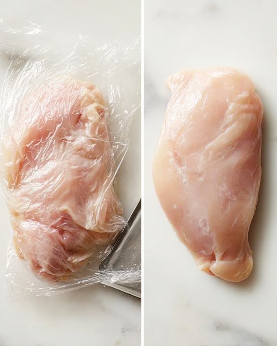 The image shows two side-by-side views of a single raw chicken piece on a white marbled surface. On the left side, the chicken piece is covered with clear plastic wrap, slightly shiny, and next to a metal meat tenderizer. The plastic wrap is smooth but has small wrinkles across the top. On the right side, the same raw chicken piece is shown without the plastic cover, revealing a light pink, smooth, and slightly shiny texture with a bit of uneven edges. The white marbled surface underneath is clean and bright. photo taken with an iphone --ar 4:5 --v 7