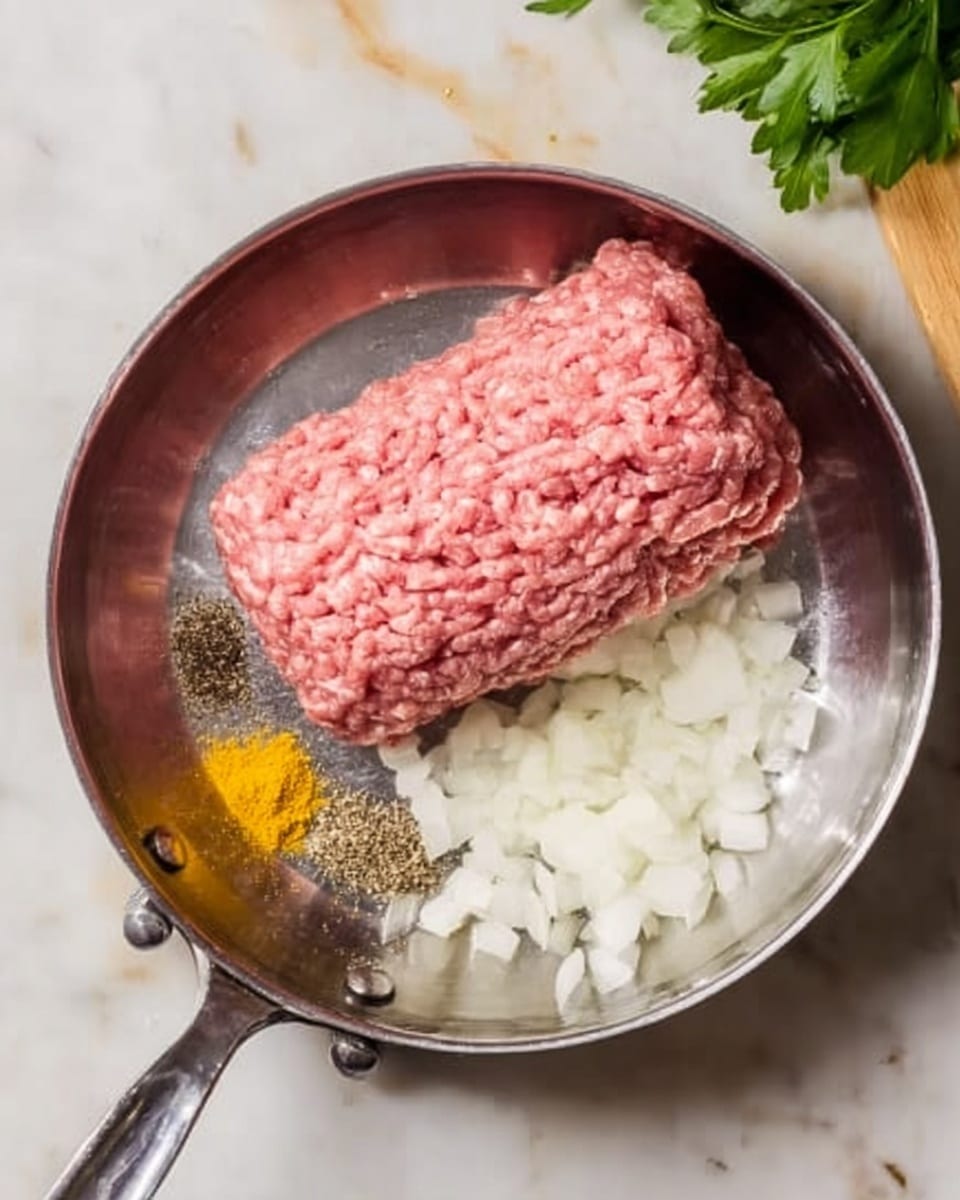 A shiny stainless steel pan on a white marbled surface holds a large pink roll of raw ground meat slightly wrinkled on the right side. To the right of the meat is a pile of small white chopped onions with soft edges. On the left side are three small piles of different colored powders and paste: light yellow powder shaped like granules, fine black pepper, and a small bit of yellowish paste. The pan has two silver handles, and part of a green leafy herb peeks into the upper right corner. Photo taken with an iphone --ar 4:5 --v 7