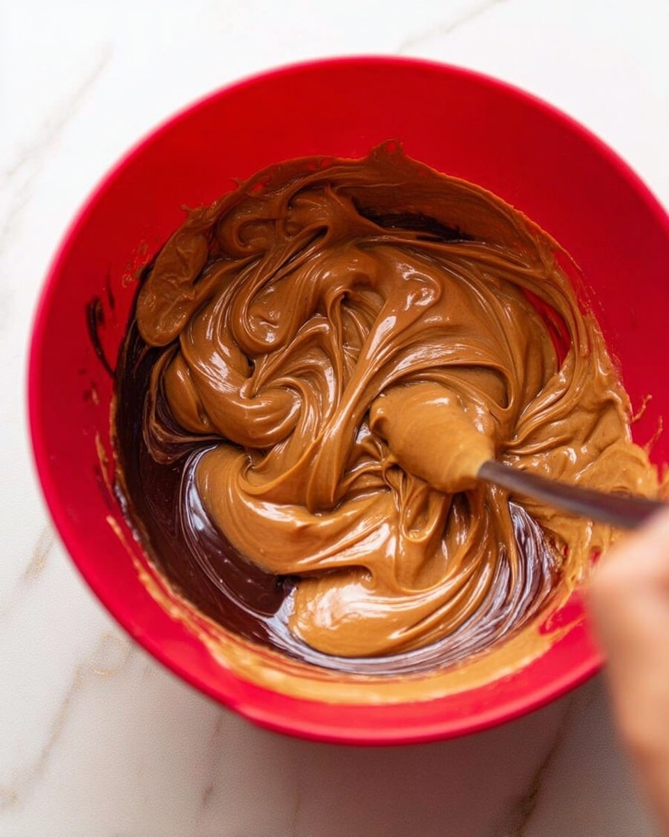 A red bowl filled with thick swirls of smooth light brown peanut butter mixed with a dark brown liquid, creating shiny, glossy patterns and folds inside the bowl. A woman’s hand is stirring the mixture with a spoon, causing the peanut butter to form soft peaks and waves as it blends with the liquid. The scene sits on a white marbled surface, which contrasts with the bright red color of the bowl and the warm, rich tones of the mixture inside. photo taken with an iphone --ar 4:5 --v 7
