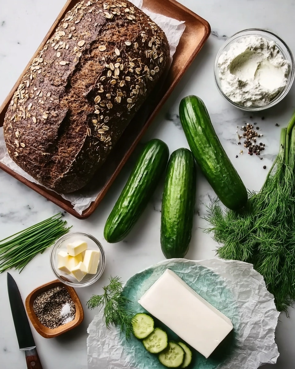 The image shows a loaf of dark, crusty bread with oats sprinkled on top and a rough texture, resting on a wooden tray at the top part of the frame. Below it on a white marbled surface are two green cucumbers, one whole and one sliced into round pieces arranged in a neat line. To the right of the cucumbers is a small pile of fresh green chives and some sprigs of fresh dill. There is a knife with a black handle lying horizontally near the bottom left. Near the knife, a small square wooden bowl holds a mix of black and white pepper. Next to it, a small glass bowl contains white sour cream, while a white plate with a turquoise edge holds a soft white block of cheese with a creamy texture, resting on a torn piece of paper. Photo taken with an iphone --ar 4:5 --v 7