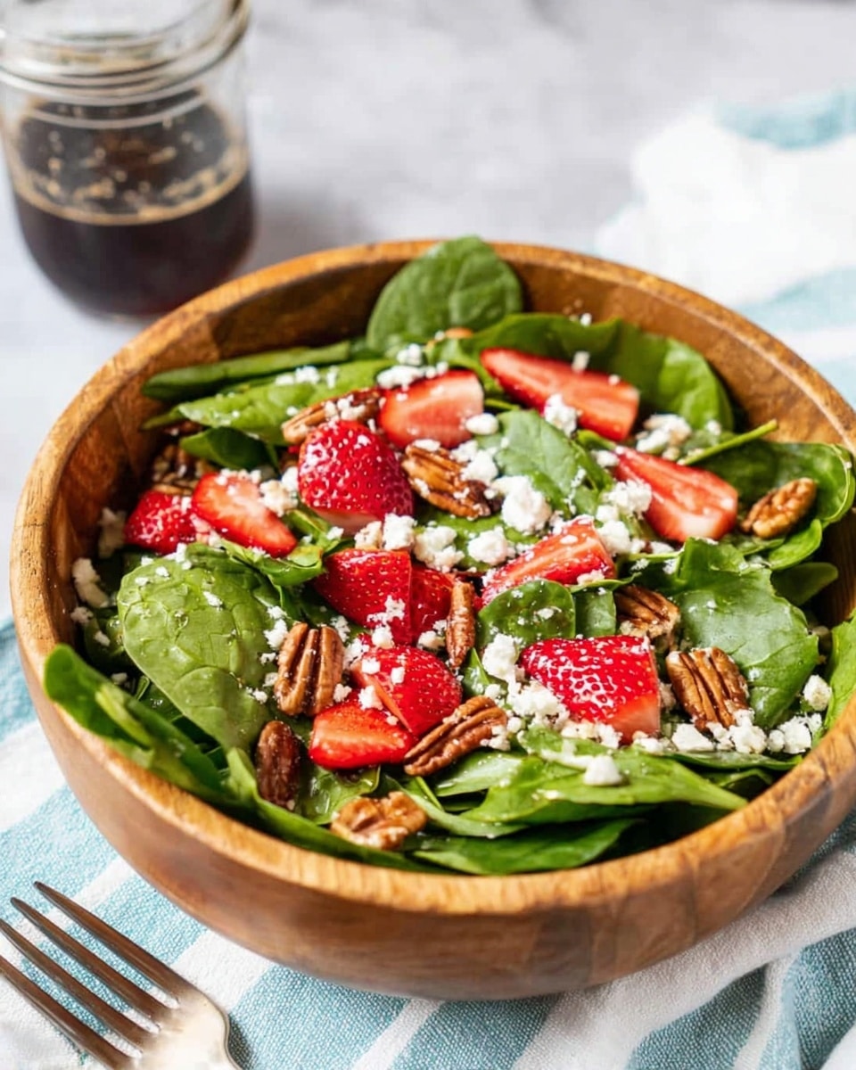 A wooden bowl is filled with a fresh salad showing vibrant green spinach leaves as the base layer, scattered with bright red sliced strawberries throughout. On top of this mix are small white crumbles of cheese spread evenly, and bits of brown pecans mixed in, adding texture and color contrast. In the background, a small glass jar with dark dressing is visible, along with a white marbled surface covered partly by a light blue cloth with thin white stripes. Next to the bowl, there is a woman’s hand holding a white fork, poised with three prongs facing up. Photo taken with an iphone --ar 4:5 --v 7