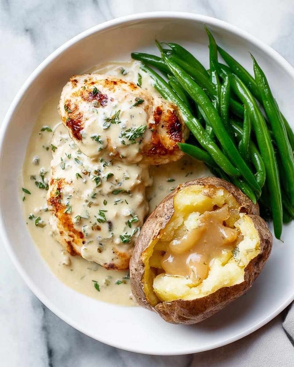 The dish shows a white round plate with three main parts: on the left side, there are two cooked chicken pieces covered in light creamy sauce with small green herb pieces, the chicken has a golden brown grilled texture showing through the sauce; at the top right, bright green cooked green beans lay in a neat pile; at the bottom right, a baked potato with a rough brown skin is open to reveal soft white potato inside, topped with a thick light brown gravy sauce with small bits, all placed on a white marbled surface, photo taken with an iphone --ar 4:5 --v 7