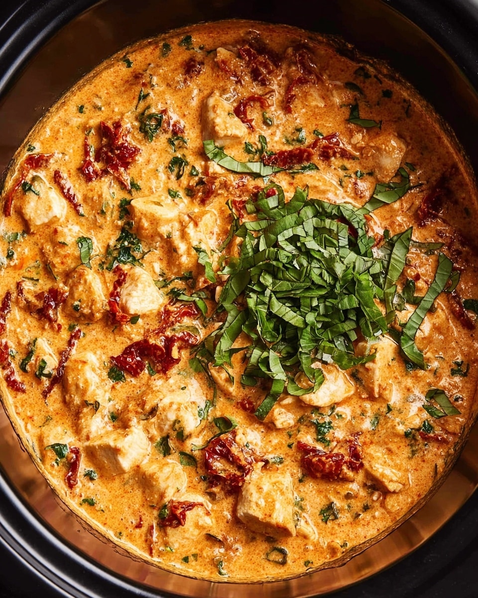 The dish is in a black pot with a creamy, thick orange sauce mixed with chunks of white chicken pieces and red bits of sun-dried tomatoes spread throughout. On top, there is a layer of chopped fresh green basil leaves mostly gathered on one side, adding a bright contrast to the warm colors below. The sauce appears smooth with some texture from herbs and small ingredients mixed inside. photo taken with an iphone --ar 4:5 --v 7