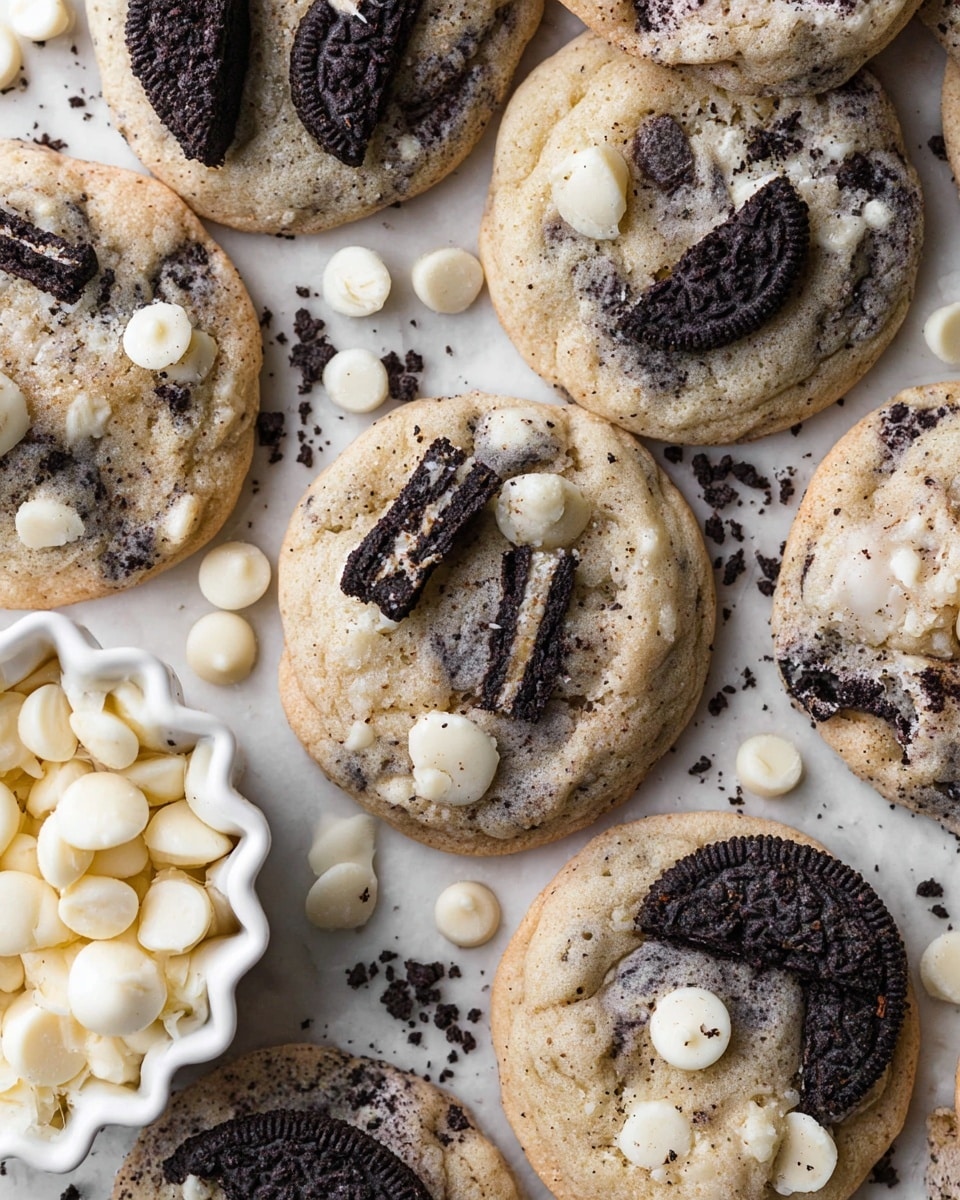 A close-up of several round cookies arranged on a white marbled surface, each cookie has a light beige base with visible dark cookie crumbs mixed inside and on top, topped with small white chocolate chips and broken pieces of dark chocolate sandwich cookies. On the left side, a scalloped white bowl holds many white chocolate chips, its rustic edges showing a mix of white and brown tones, adding texture to the scene. The colors focus on creamy beige, dark brown, and white, capturing the melted and soft texture of the cookies and the smooth, shiny look of the chocolate chips, photo taken with an iphone --ar 4:5 --v 7