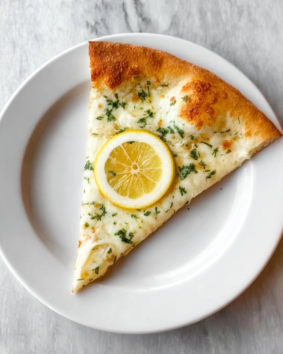A single slice of pizza is placed in the center of a white plate on a white marbled surface. The pizza has a thick, golden-brown crust along the left side. The main layer of the pizza is covered with melted white cheese, topped with green herbs scattered lightly across the surface. On top, near the middle of the slice, there is a thin, round slice of lemon with a pale yellow color. The texture of the melted cheese is smooth, contrasting with the fluffy crust edge. Photo taken with an iphone --ar 4:5 --v 7