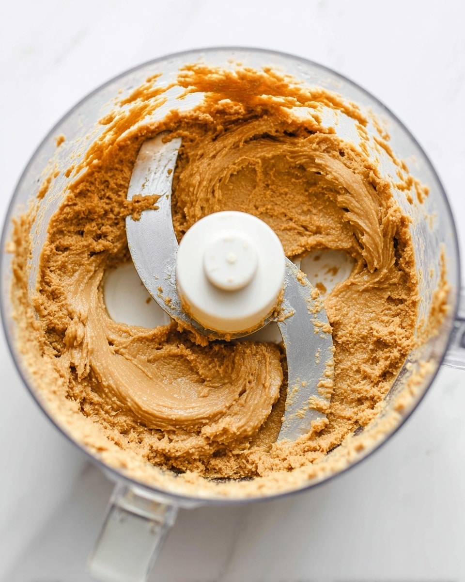 A clear food processor bowl filled with a thick, smooth light brown paste spread unevenly along the edges and center, showing a slightly grainy texture. In the middle, a white plastic central blade attachment is visible, surrounded by the paste clinging to the stainless steel blades and sides. The scene is set on a white marbled surface, creating a clean and bright contrast with the paste inside the bowl photo taken with an iphone --ar 4:5 --v 7