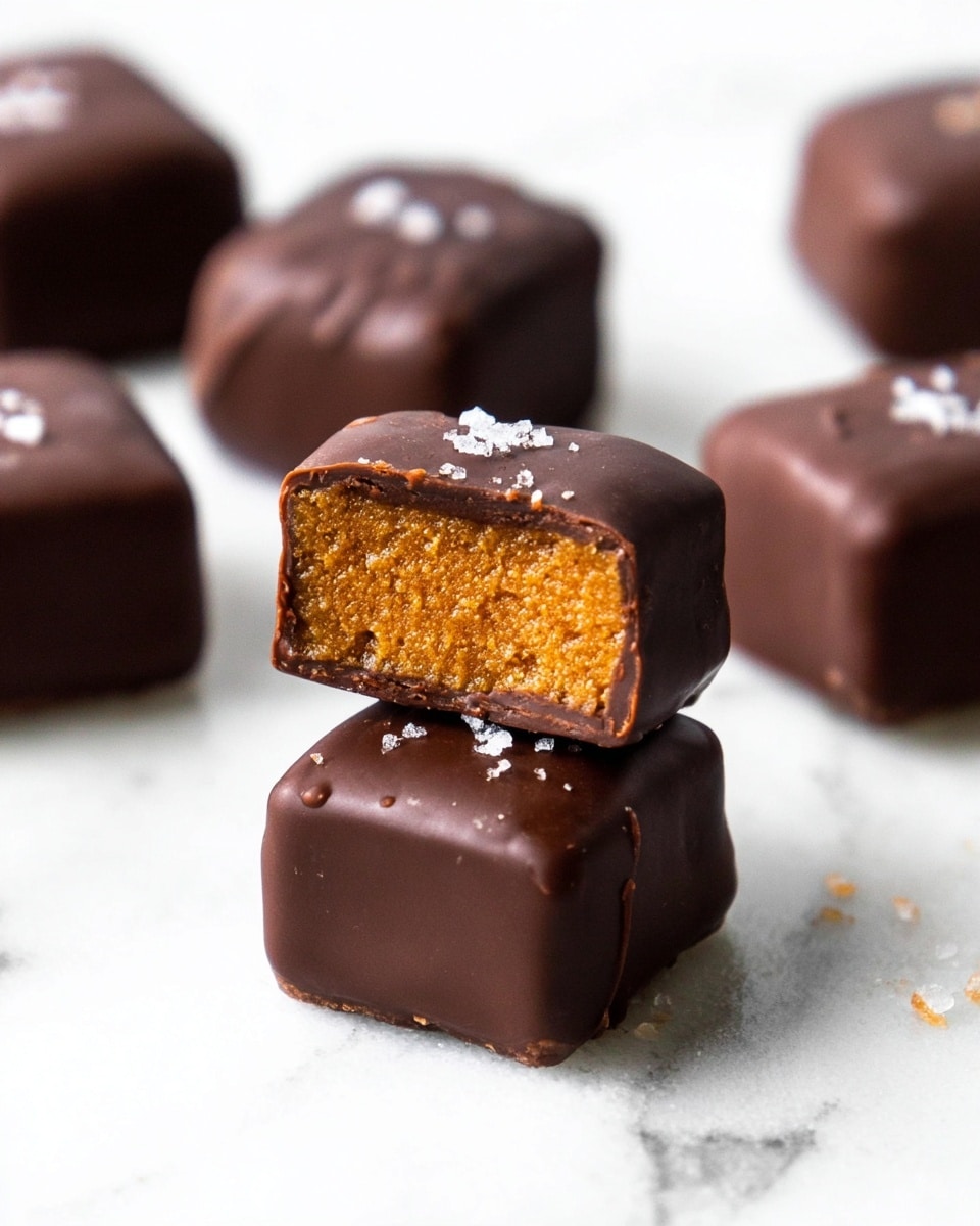 The image shows small square chocolate candies with a smooth, dark outer chocolate layer. One candy is cut in half and placed on top of another whole piece, revealing a dense, textured golden-brown filling inside. Tiny flakes of sea salt rest on the chocolate coating of some candies, adding a touch of white contrast. The candies are arranged on a white marbled surface with a clean, bright background that highlights the rich colors and textures of the chocolates. photo taken with an iphone --ar 4:5 --v 7