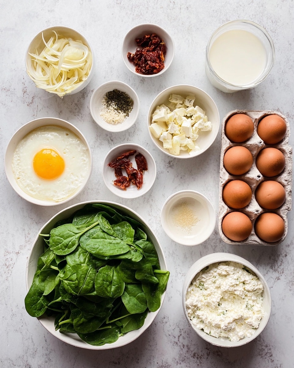 The image shows a white marbled surface with several small white bowls arranged neatly. There is a large white bowl filled with fresh green spinach leaves on the bottom left. Above and to the right of it, there are smaller bowls containing minced garlic, olive oil, black pepper with salt, sun-dried tomatoes, chopped shallots, artichoke hearts, crumbled white cheese, and half a cup of milk. On the right side, there is a carton holding a dozen brown eggs. A larger white bowl with a textured white mixture, possibly cottage cheese or ricotta, is placed near the bottom right. All items are spaced evenly and lit softly. Photo taken with an iphone --ar 4:5 --v 7