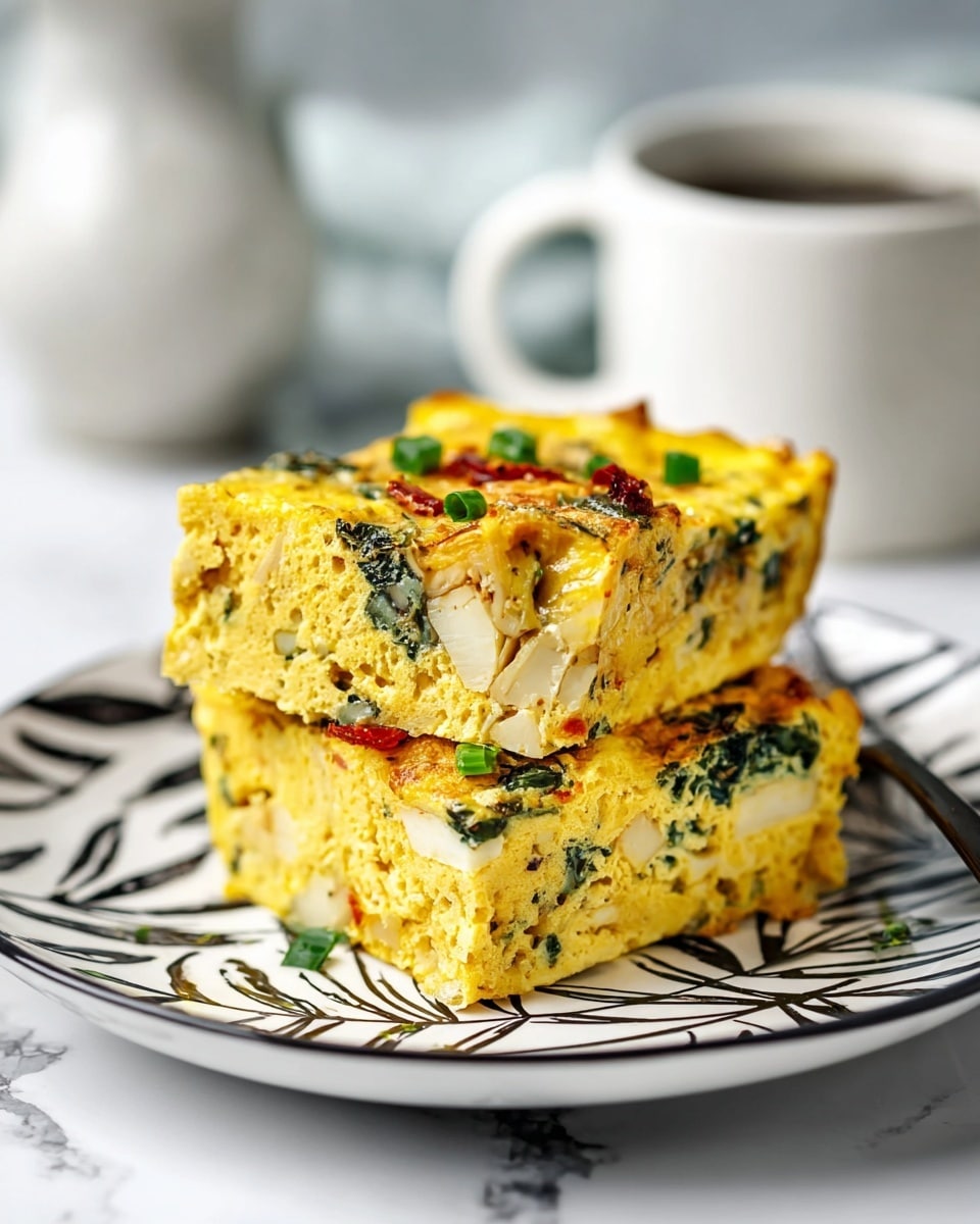 Two thick layers of a yellow egg bake sit stacked on a white plate with a black leaf pattern. Each layer shows a mix of green herbs, white chunks, and reddish bits embedded in the dense texture. The top layer has small green pieces sprinkled over it. The plate is on a white marbled surface, with a blurred white cup in the background. photo taken with an iphone --ar 4:5 --v 7