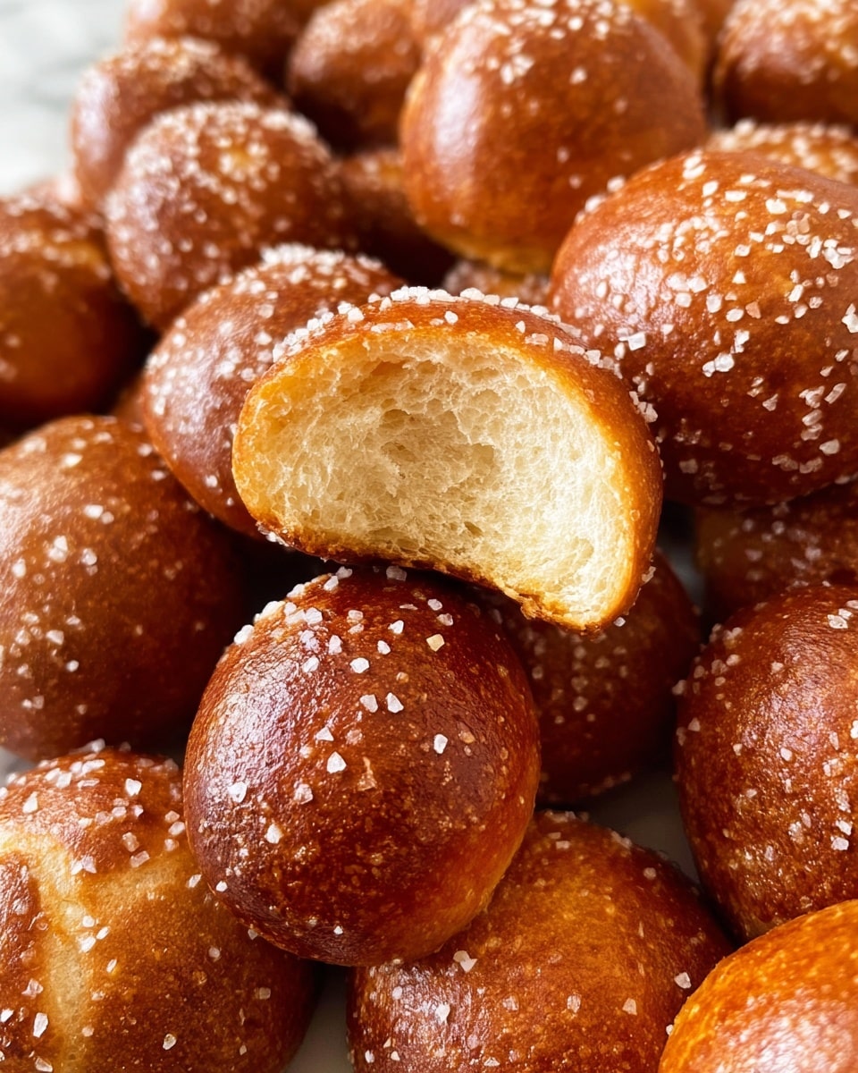 A close-up view of many small, round pretzel bites piled together showing a shiny, dark golden-brown crust with coarse salt crystals sprinkled on top. The center of the image features one pretzel bite with a bite taken out, revealing a soft, light, and airy inside with a slightly fluffy texture. The pretzels are tightly packed, covering nearly the whole frame, set on a white marbled surface. photo taken with an iphone --ar 4:5 --v 7