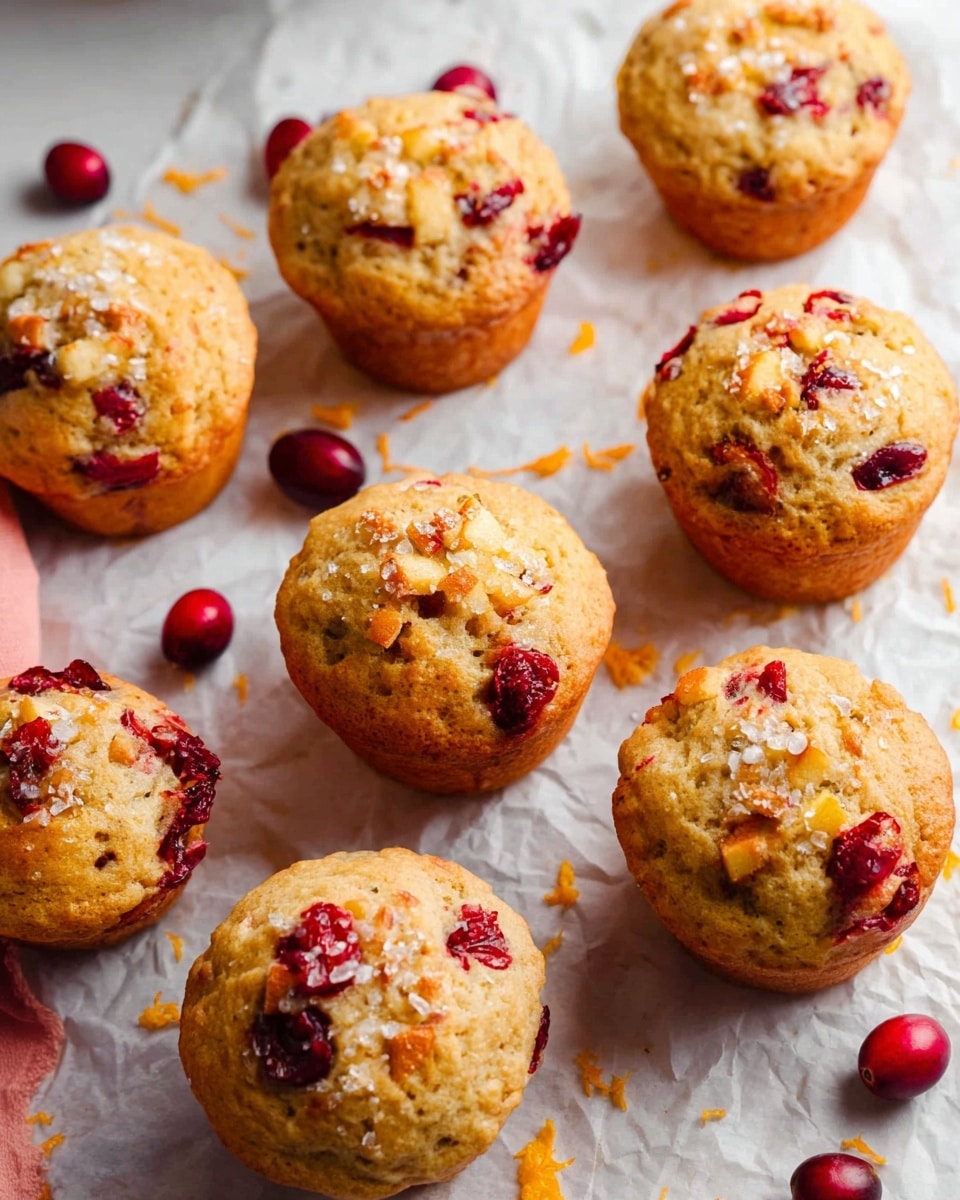 There are eight golden brown muffins with a slightly shiny top, each studded with dark red cranberries and small pieces of light-colored apple, arranged on white crumpled parchment paper. The muffins have a soft, moist texture with small sugar crystals sprinkled on top, adding a slight sparkle. Scattered around the muffins are whole cranberries and some bright orange zest, adding vibrant touches of color. The white marbled surface underneath adds a clean and fresh look to the scene. photo taken with an iphone --ar 4:5 --v 7