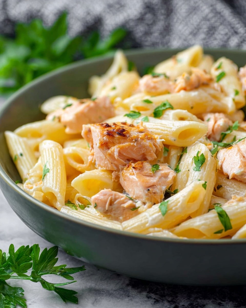 A close-up view of a green bowl filled with creamy penne pasta and chunks of cooked salmon, with each pasta tube coated in a light sauce. The salmon pieces are pinkish-orange with slightly browned edges. Fresh green parsley leaves are scattered on top and around the bowl, adding a bright contrast to the creamy pasta. The background features a white marbled texture and a blurred gray and white patterned cloth. photo taken with an iphone --ar 4:5 --v 7