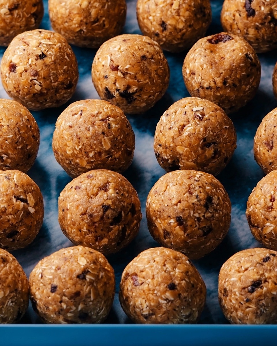 The image shows many round energy balls tightly packed on a blue tray, each ball having a textured surface with visible oats and dark bits inside. The balls are light brown in color with small dark spots scattered throughout. One energy ball near the center has a small bite taken out, revealing a dense interior with oats and chocolate pieces. The background is a white marbled surface, and the balls are arranged neatly in rows, filling the tray. Photo taken with an iphone --ar 4:5 --v 7