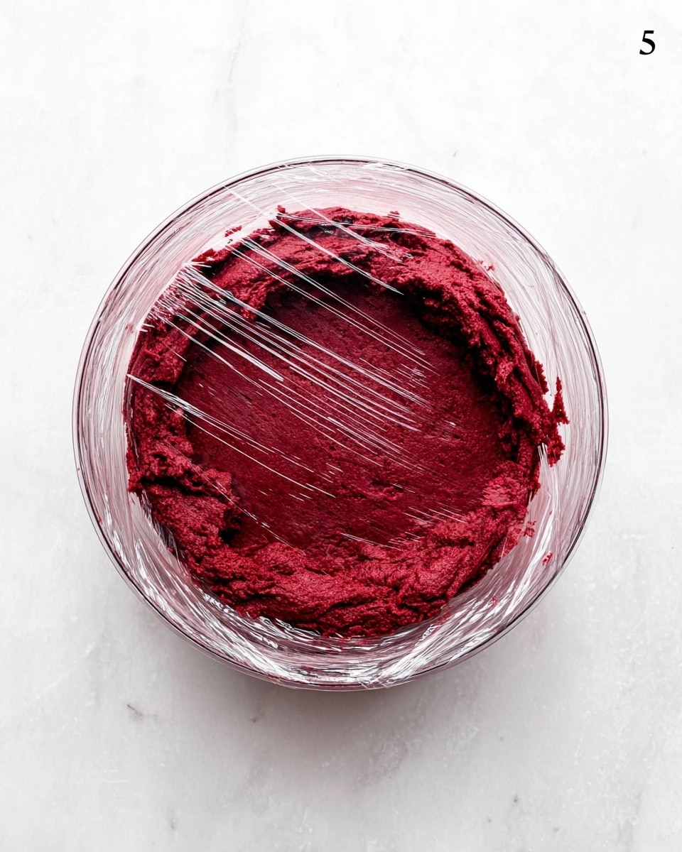A clear round bowl sits on a white marbled surface, filled with a thick, deep red dough that looks smooth with some rough patches. The dough fills the bowl almost to the top and is covered tightly with clear plastic wrap, showing some wrinkles and reflections. The bowl and the dough create a strong contrast with the bright white marbled background. photo taken with an iphone --ar 4:5 --v 7